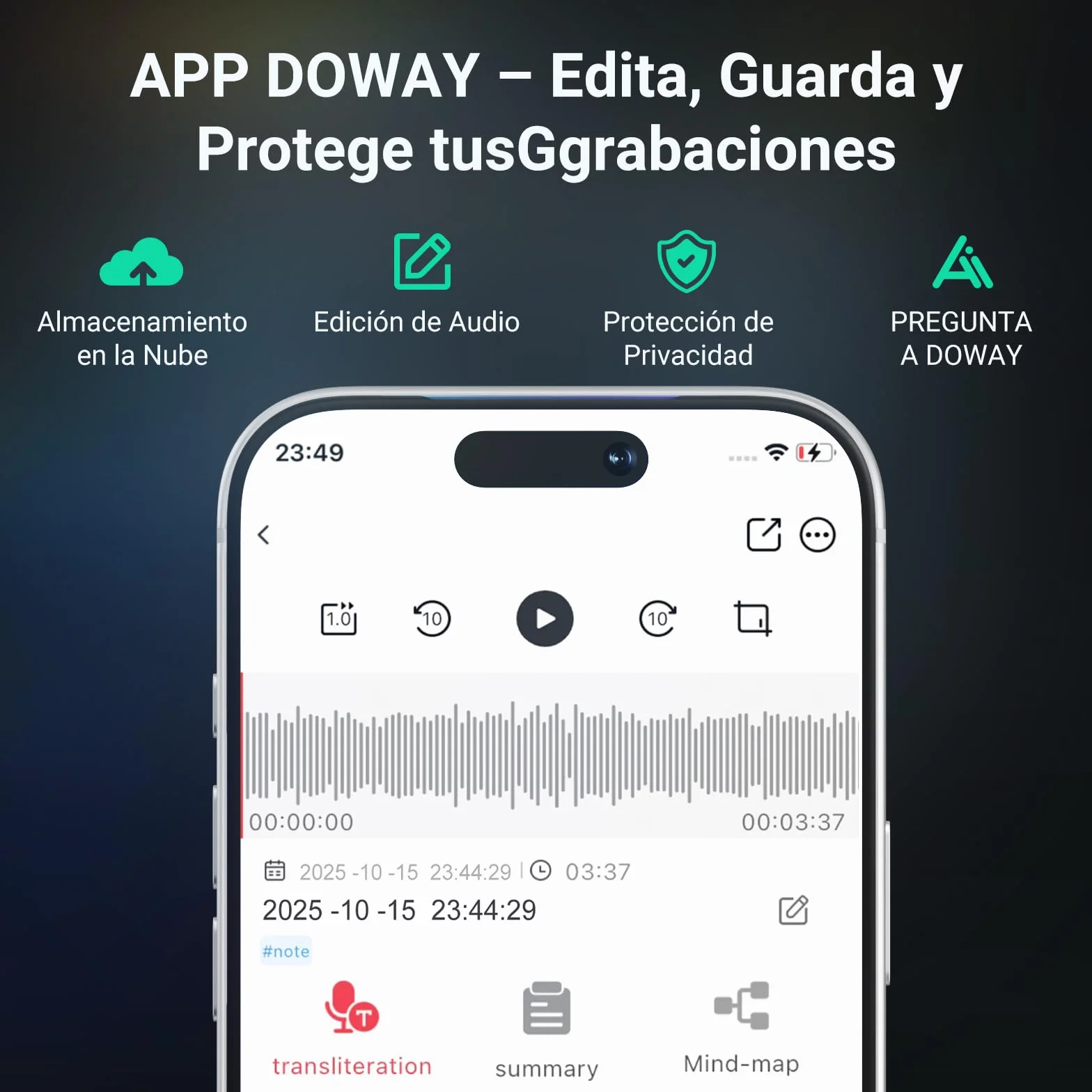 Grabadora de Voz IA 64GB Transcripción Inteligente 81 Idiomas Bluetooth 5.3