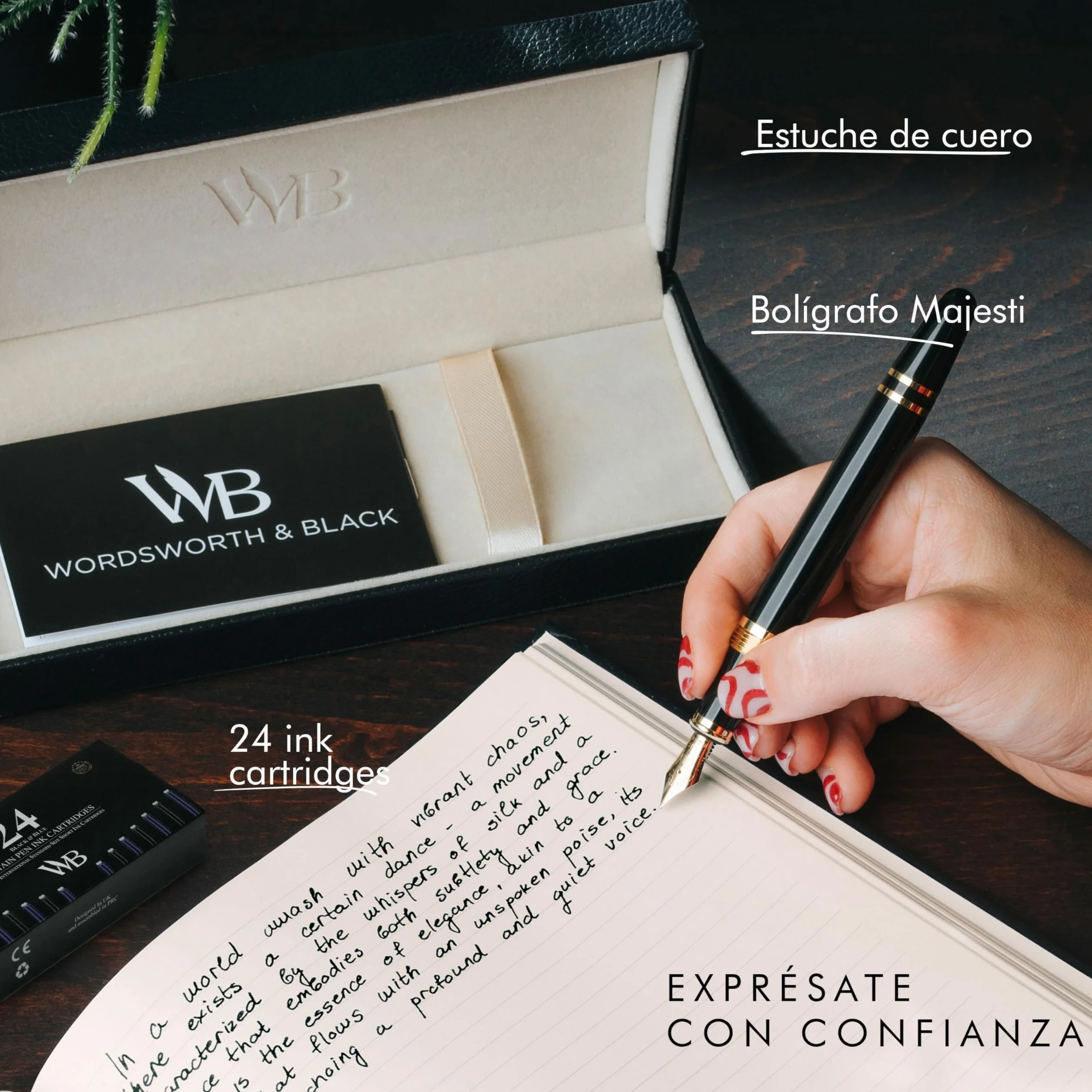 Wordsworth & Black Juego de pluma estilográfica Majesti (oro negro) de punta media con estuche de regalo, 24 cartuchos de tinta, convertidor de recarga de tinta, estuche de regalo, caligrafía