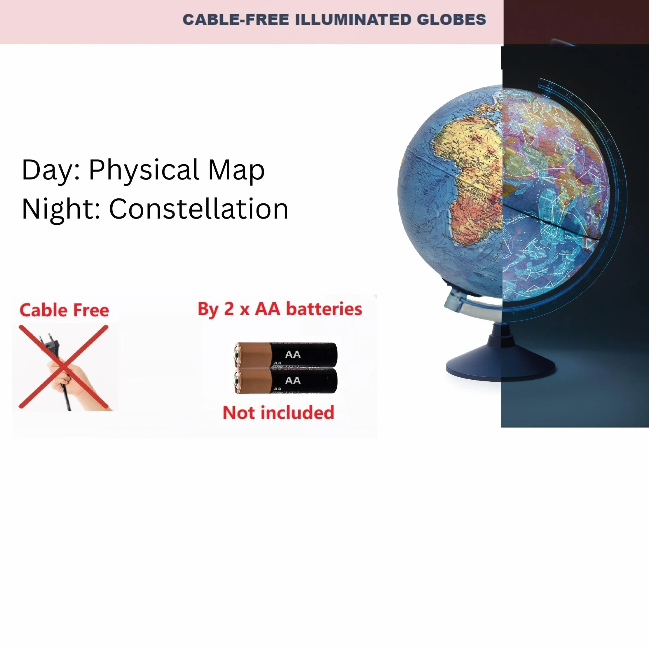 Exerz 21cm Globo terráqueo iluminado - Mapa en inglés - Mapa físico Diurno/Constelación de estrellas con iluminación (21 cm nuevo)