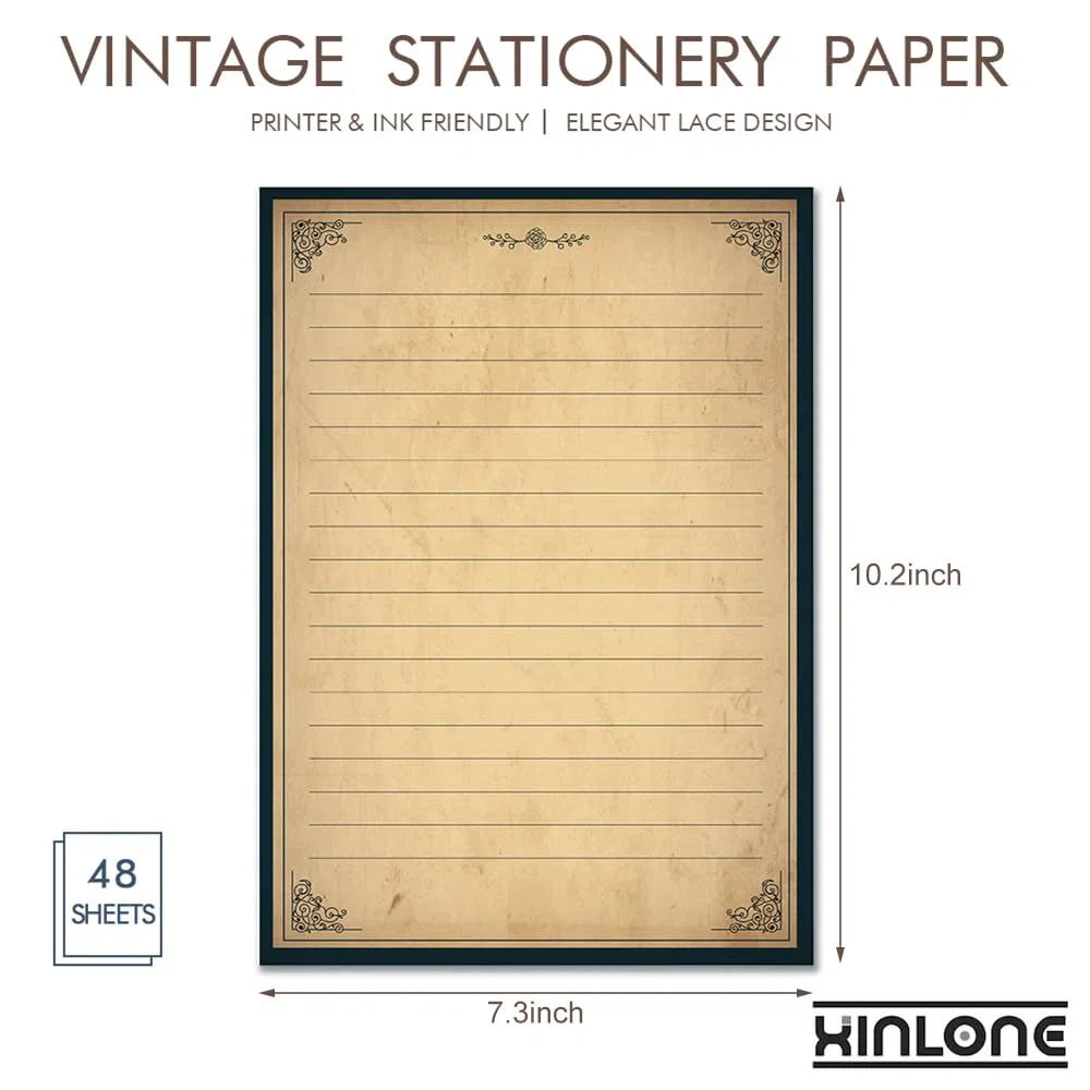 Papel de papelería vintage rayado, 18 x 26 cm, juego de papel y sobres, 48 hojas + 24 sobres, juego de papelería para escribir cartas para todas las ocasiones