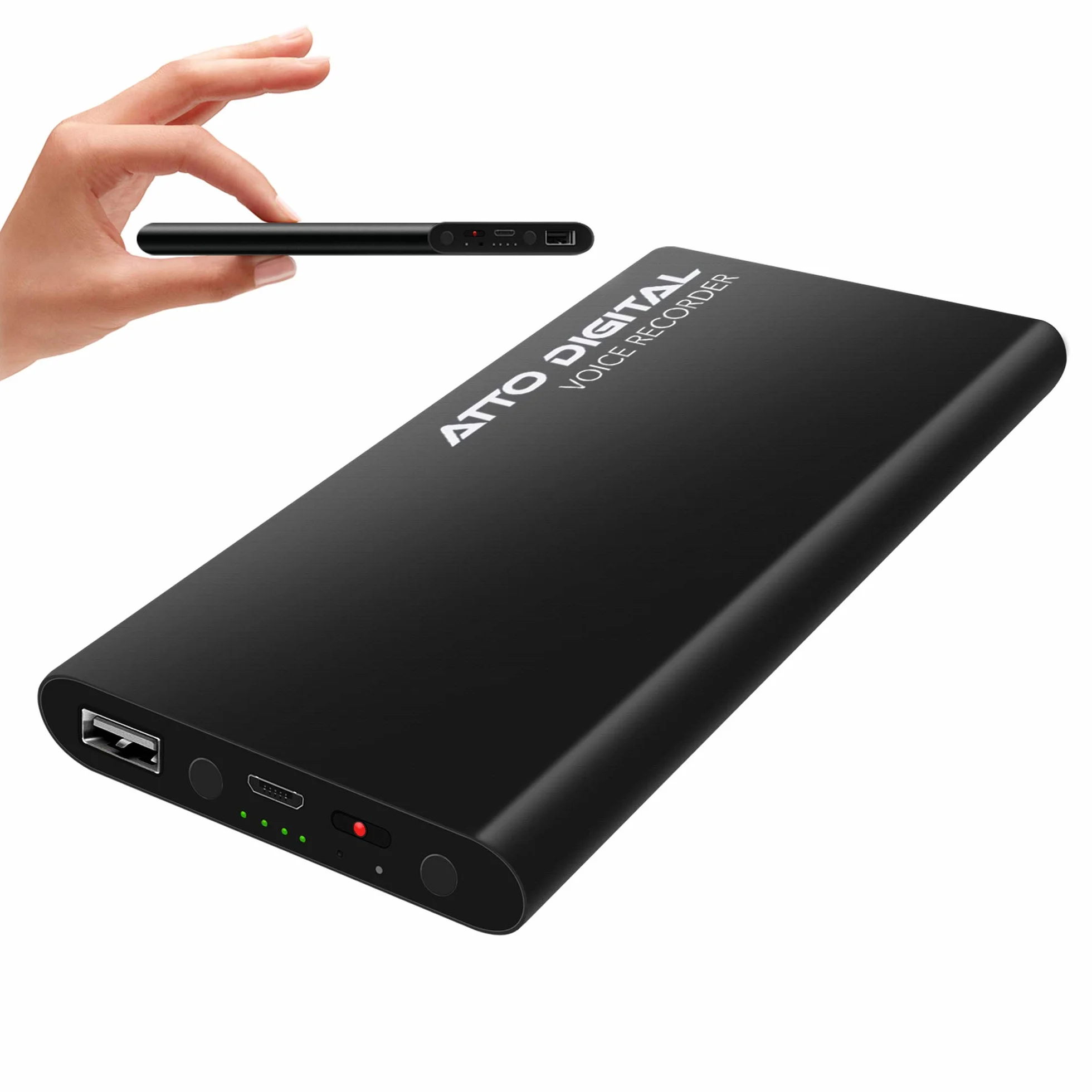 64GB Grabadora Profesional - Activación por Voz - Tiempo de Funcionamiento de 18 días - Grosor de 11 mm - Función de Cargador de teléfono con Banco de energía - PoweREC de Atto Digital