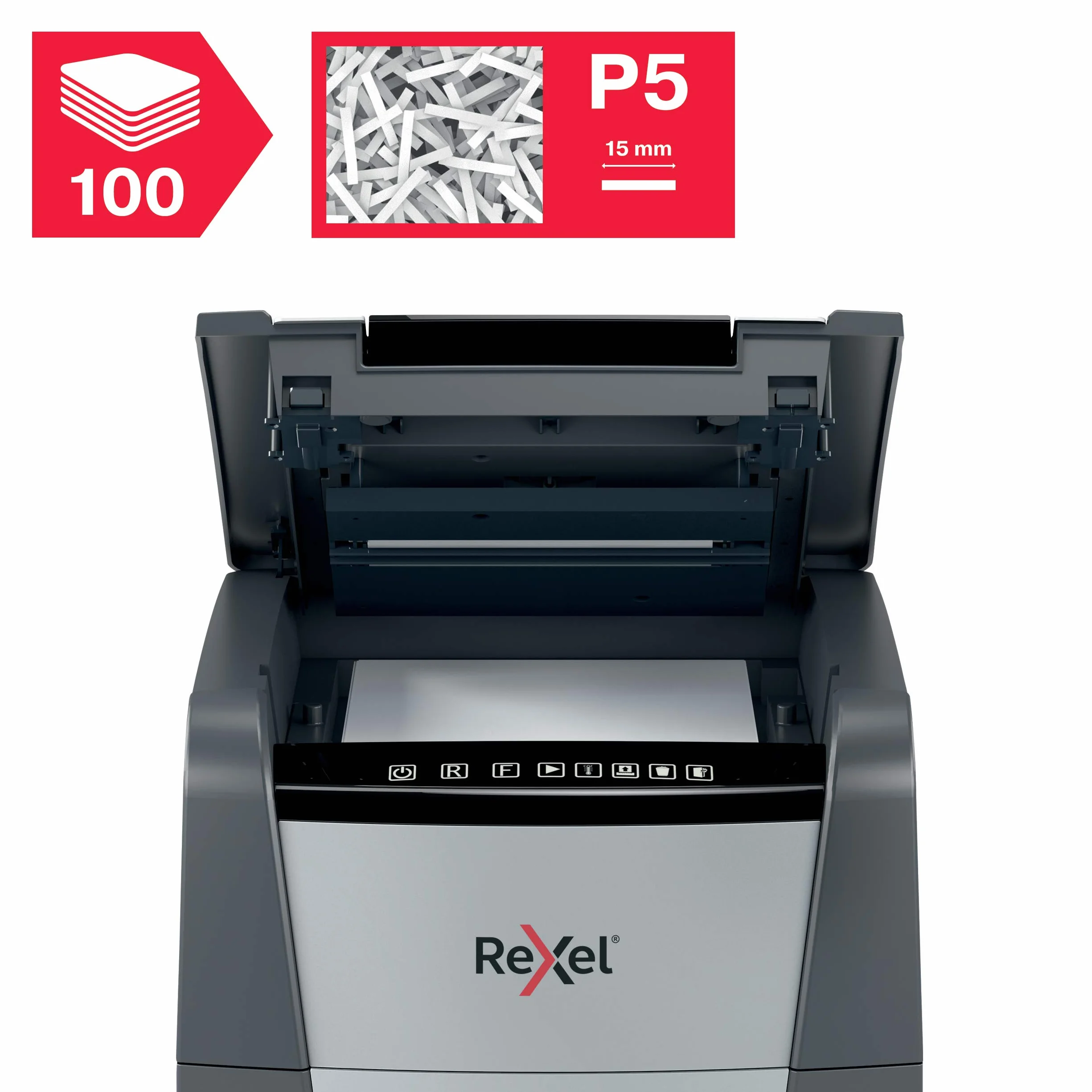 Rexel 2020100MEU - Destructora de Papel Automática Optimum AutoFeed 100M, Microcorte P-5 (2x15 mm), 100 Hojas A4, Papelera Extraíble 34L, Destruye Grapas y Clips, Oficina
