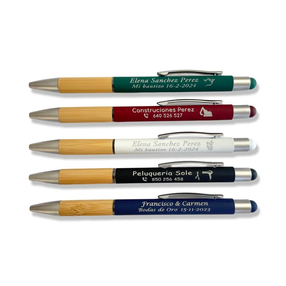 regalo grabado 300 Bolígrafos Personalizados 2 en 1 Metal Bambú Láser | Grabado hasta 2 líneas, puntero táctil, tinta jumbo azul, funda antelina opcional, uso: publicidad empresarial