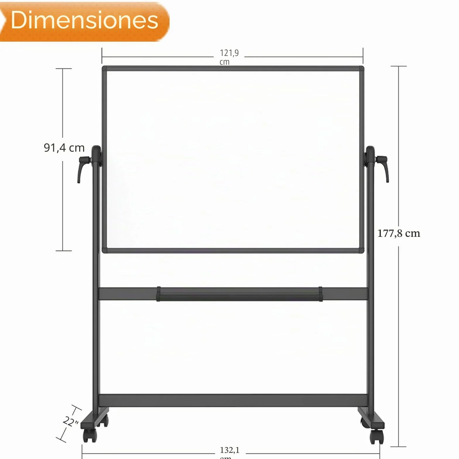 VIZ-PRO Pizarra blanca móvil magnética doble cara 120x90 cm marco aluminio negro
