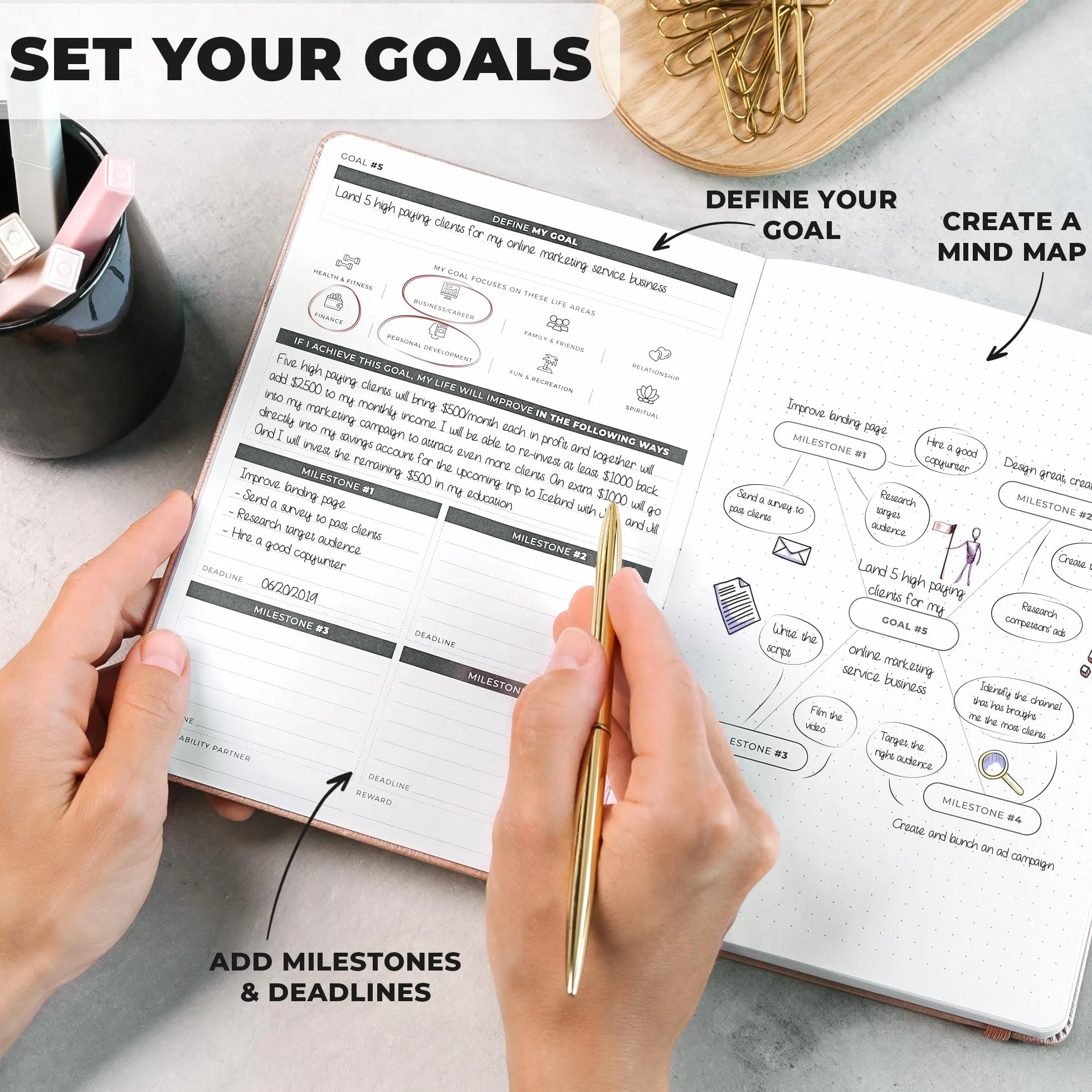 Clever Fox Ultimate Achiever's Goal Planner - Agenda de 90 días de enfoque y productividad. Organizador diario semanal mensual y cuaderno de horario por hora, sin fecha, tapa dura, tamaño A5, oro rosa