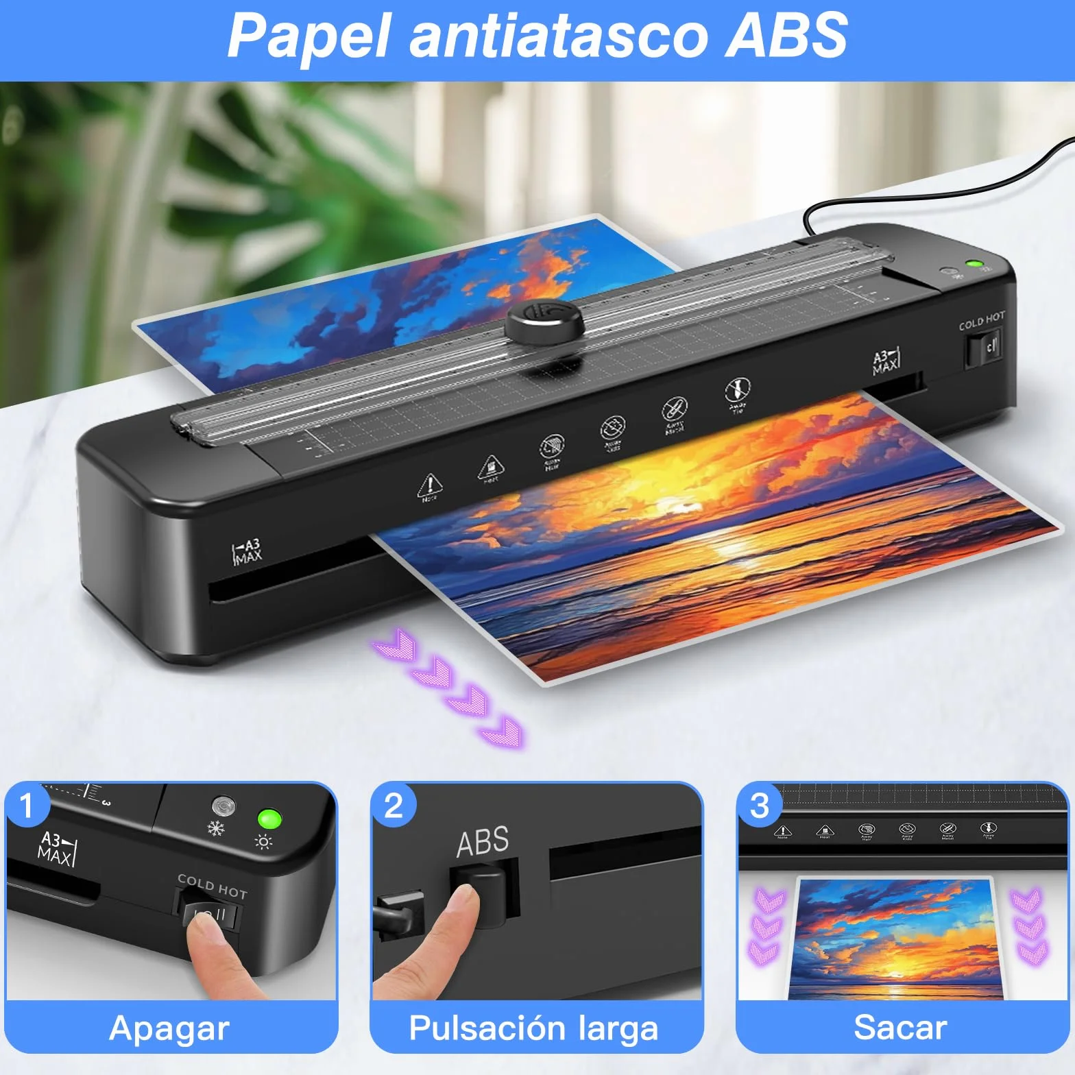 Plastificadora A3 con sistema antiatascos de ABS con 30 hojas para A3 A4 A5 A6 - Laminadora en frío versátil para oficina, hogar y escuela