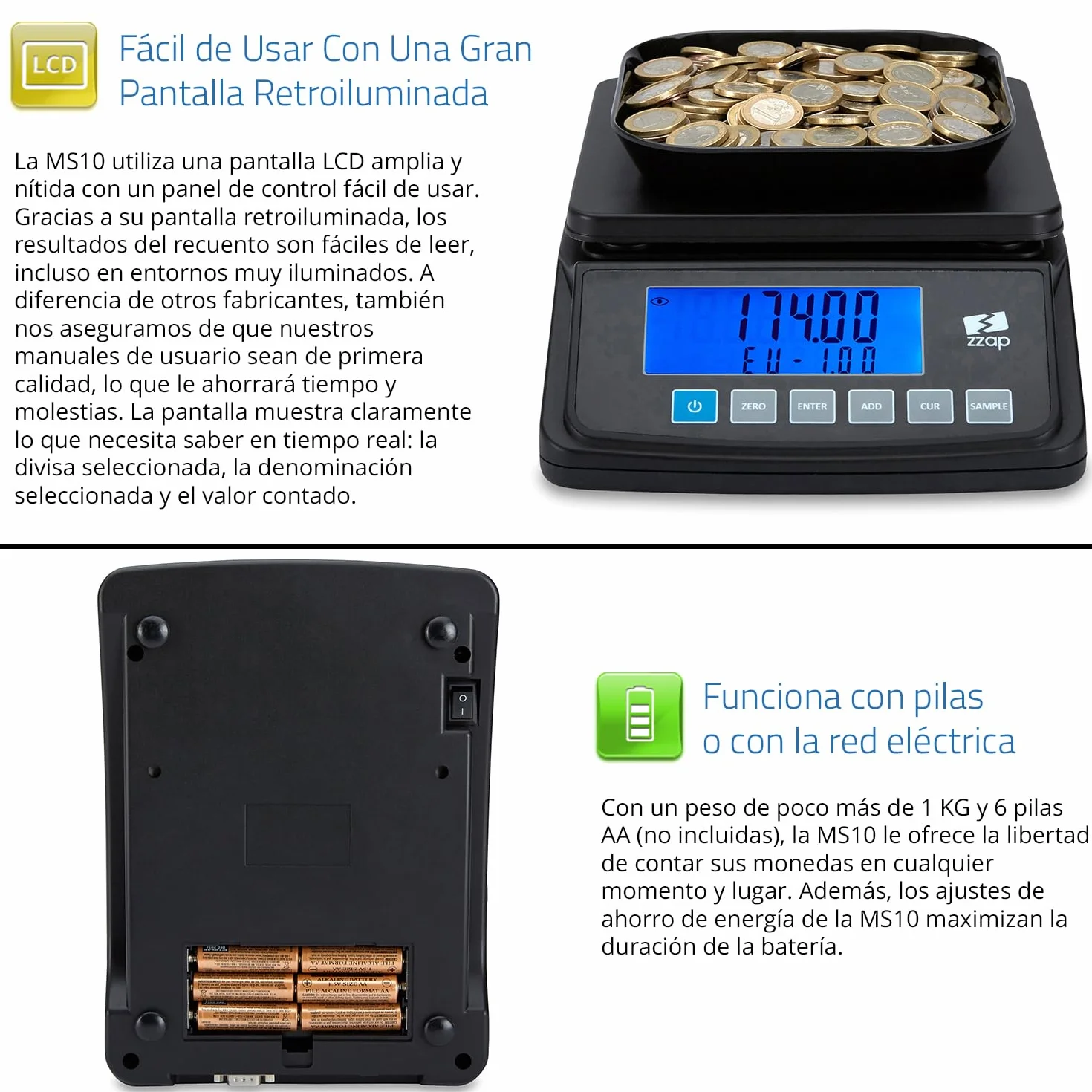 ZZap MS10 Báscula contadora de monedas 5 divisas 3 kg pantalla retroiluminada batería