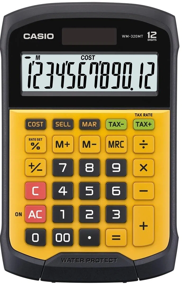 Casio WM-320MT - Calculadora básica (12 dígitos, resistente a polvo), color amarillo y negro