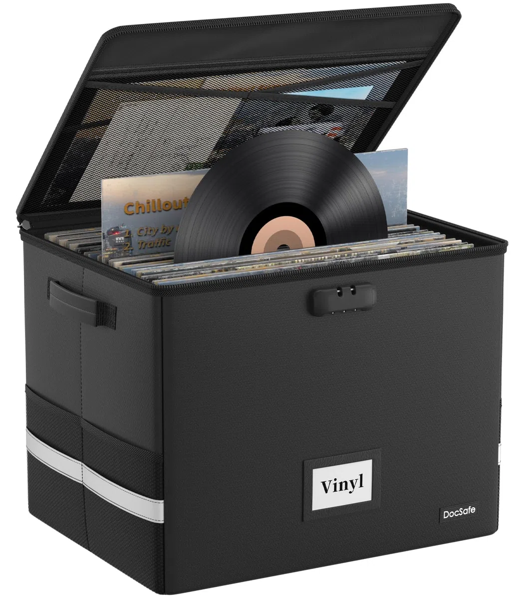 DocSafe Caja de almacenamiento de discos de vinilo ignífuga con cerradura, organizador de discos grande para más de 150 discos individuales, caja de almacenamiento plegable con tapa y asas para una