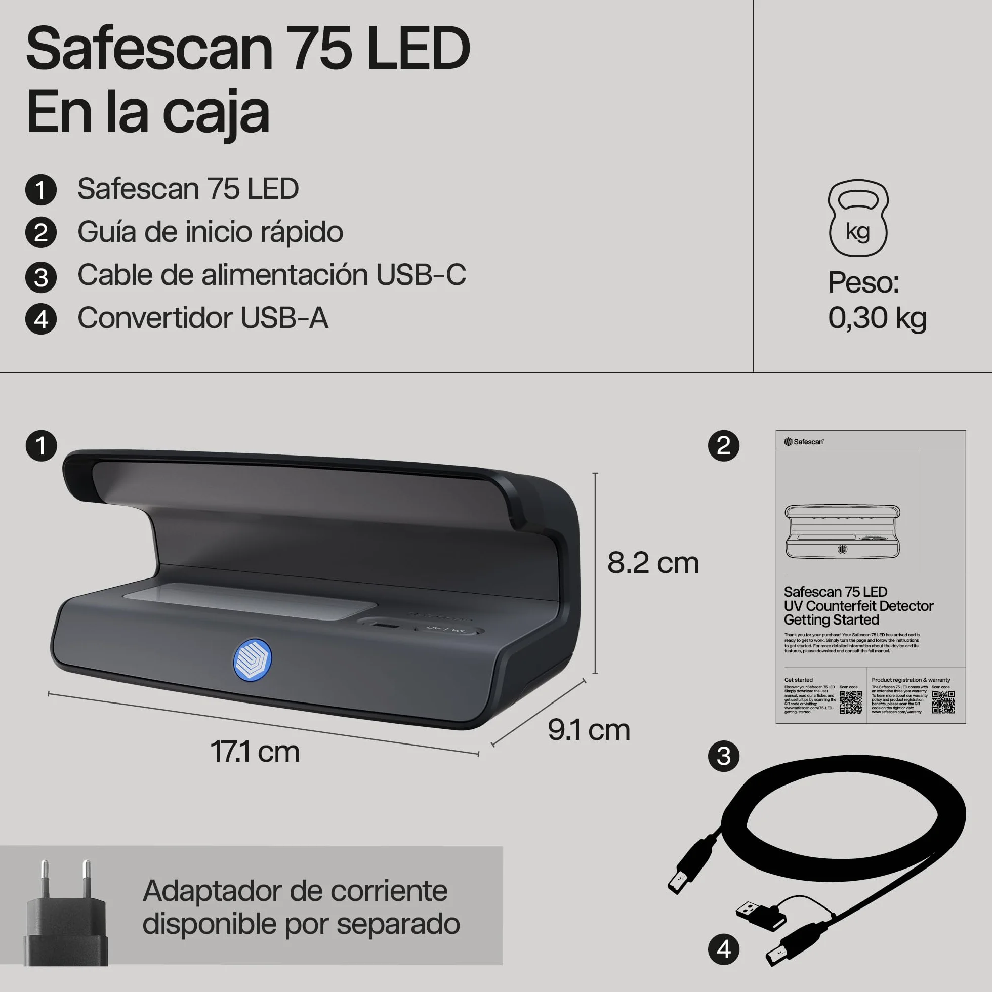 Safescan 75 LED Detector de billetes falsos UV blanco triple detección