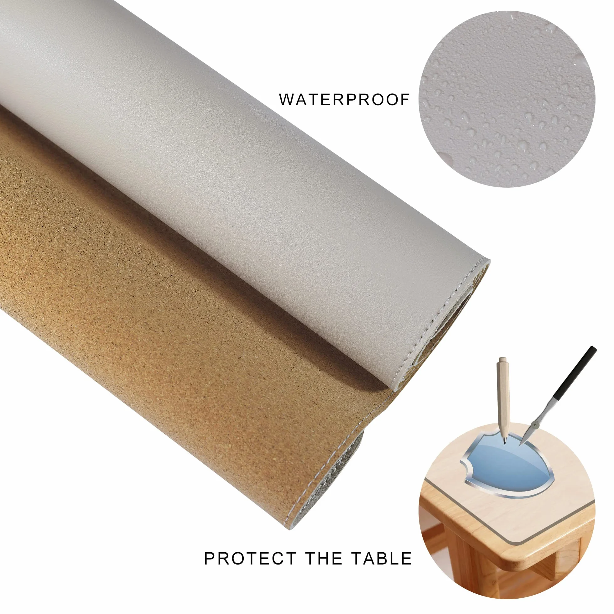 MAIDERN Alfombrilla de escritorio de corcho y piel de,140x60cm alfombrilla ratón, XXL alfombrilla de escritorio de doble cara, protector mesa escritorio para juegos en casa y oficina (Crema)