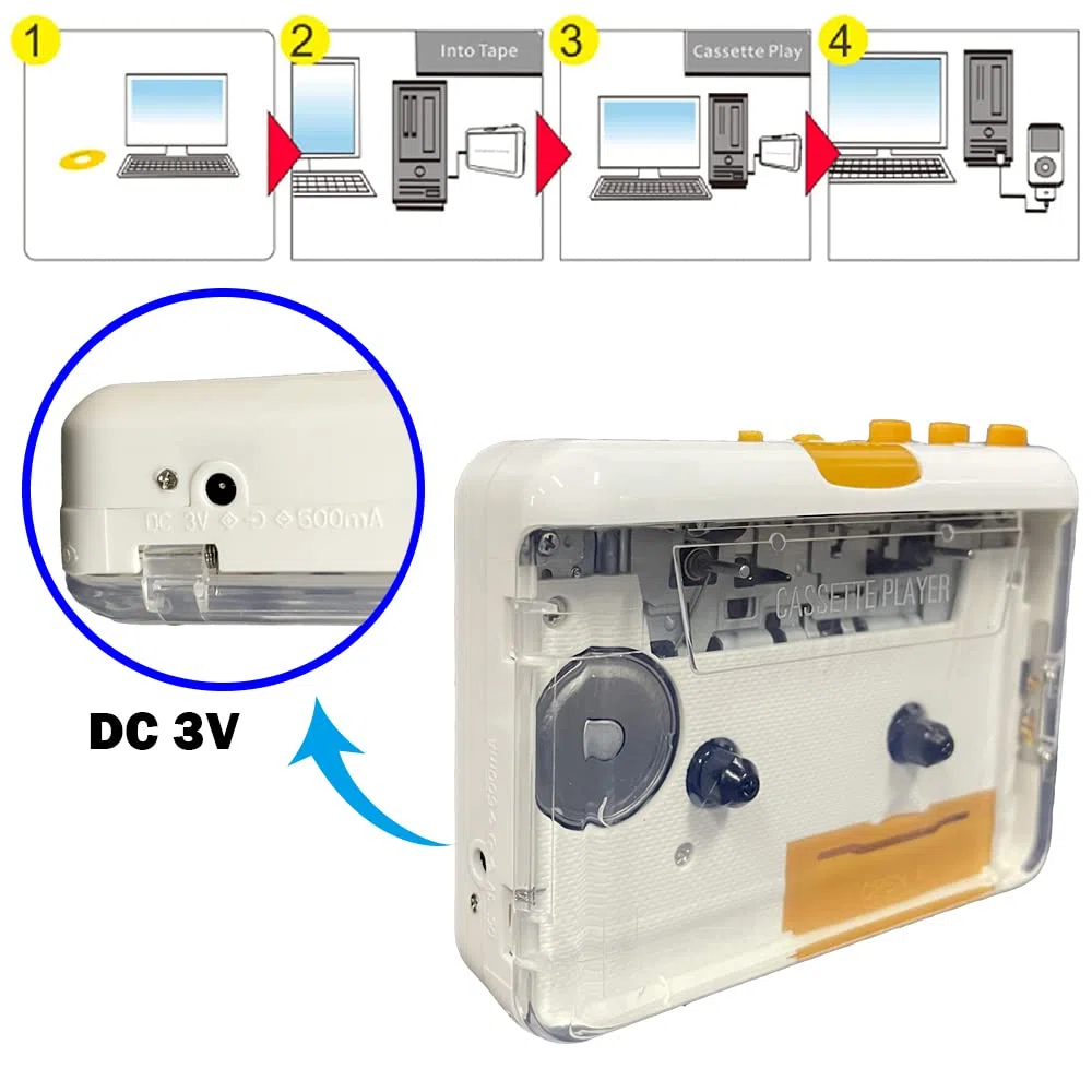 Grabadora de Cassette portátil, Grabación de música de Audio MP3 a través de PC,Grabadora de Cassette con convertidor MP3