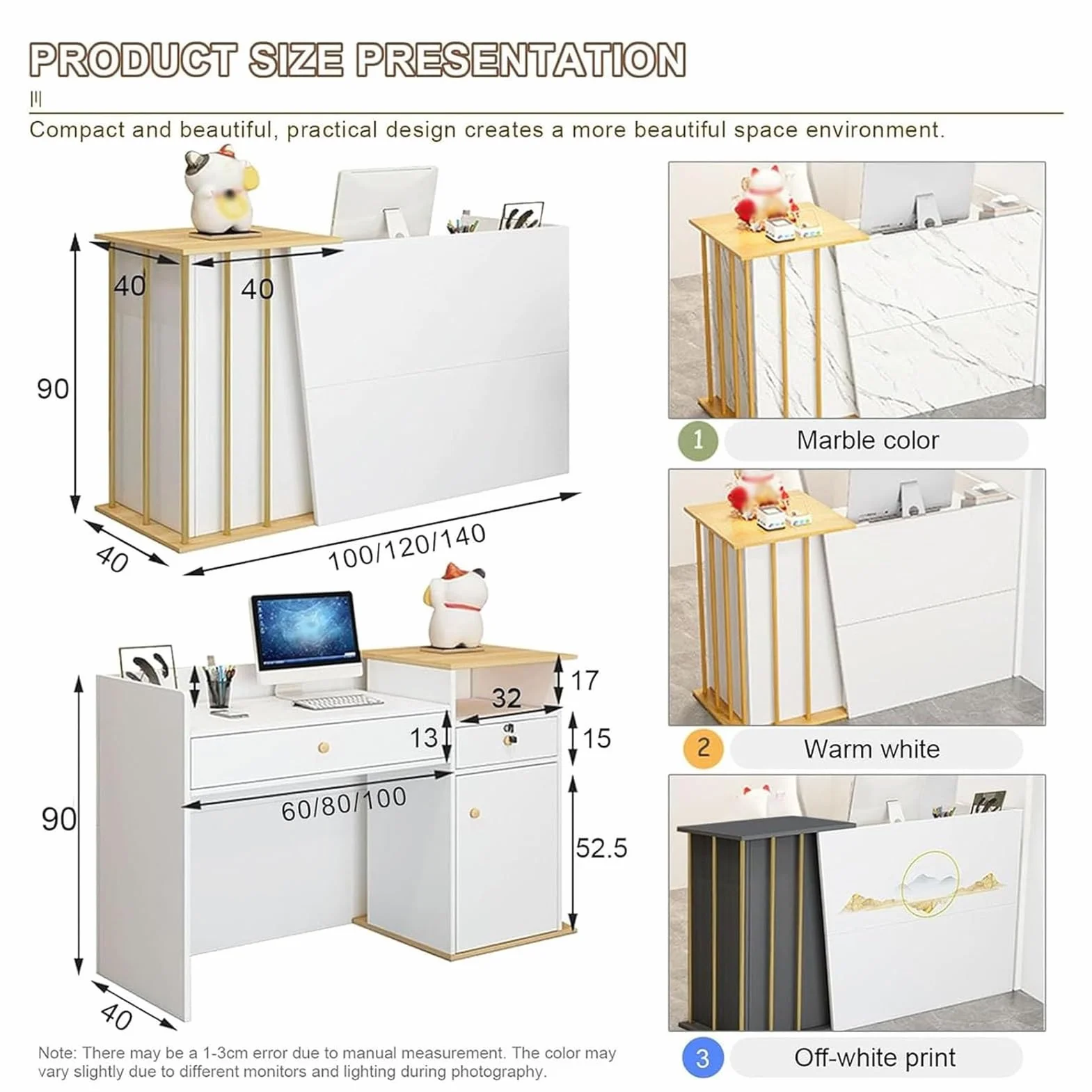 Mostrador de Recepción con Cajón Cerradura, Gabinete Cajero Mármol 140cm