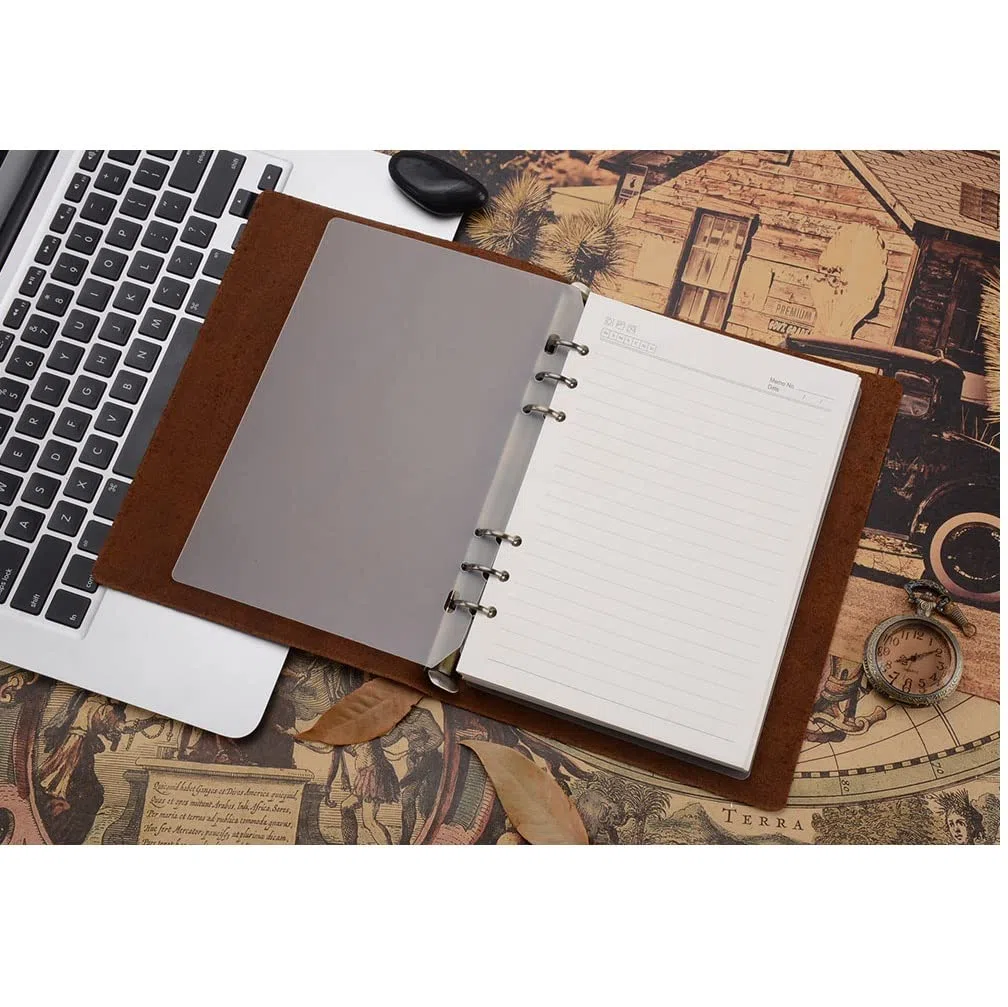 BmxauZ Cuaderno con anillas de cuero clásico A5, cubierta de cuero genuino, diario, cuaderno de bocetos, papelería