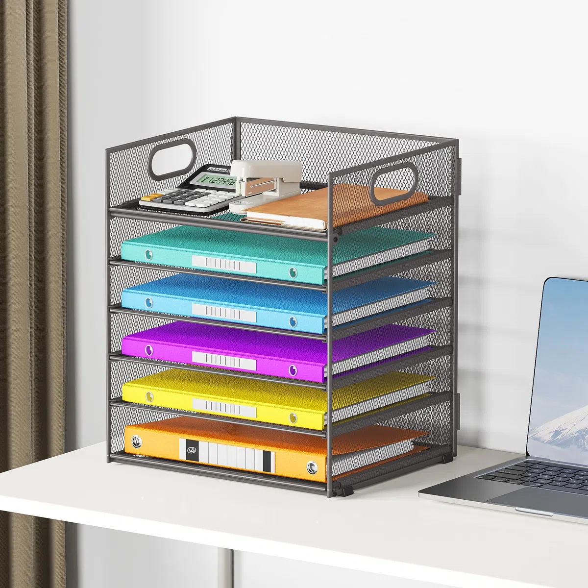 Bandeja organizadora de papel de 6 niveles con asa, organizador de archivos de escritorio de malla, estante de documentos de escritorio de metal, clasificador de papel para oficina, hogar o escuela,
