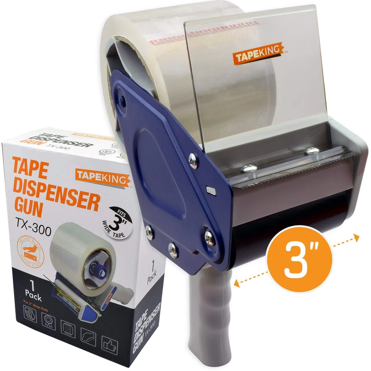 Tape King TX300 Pistola dispensadora de cinta de embalaje de 3 pulgadas de ancho, más 1 rollo de cinta de embalaje, carga lateral, pistola industrial ergonómica ligera de 3 pulgadas para envío,