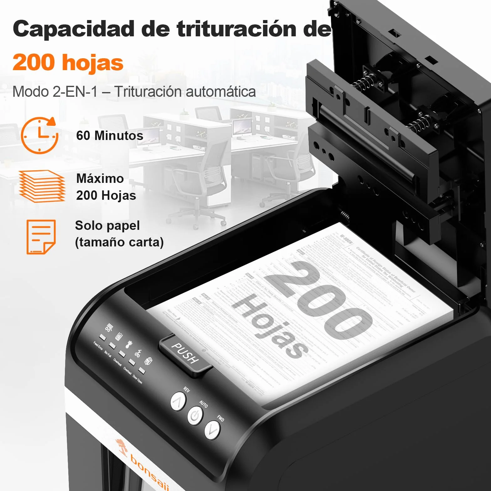 Bonsaii Trituradora de Papel con Alimentación Automática 200 Hojas, Micro-Corte P-4, 60 Min Continuo, Bajo Ruido, Ahorro Energía, Contenedor 31L, Modo Manual para Tarjetas, Ideal para Oficina, C283-A