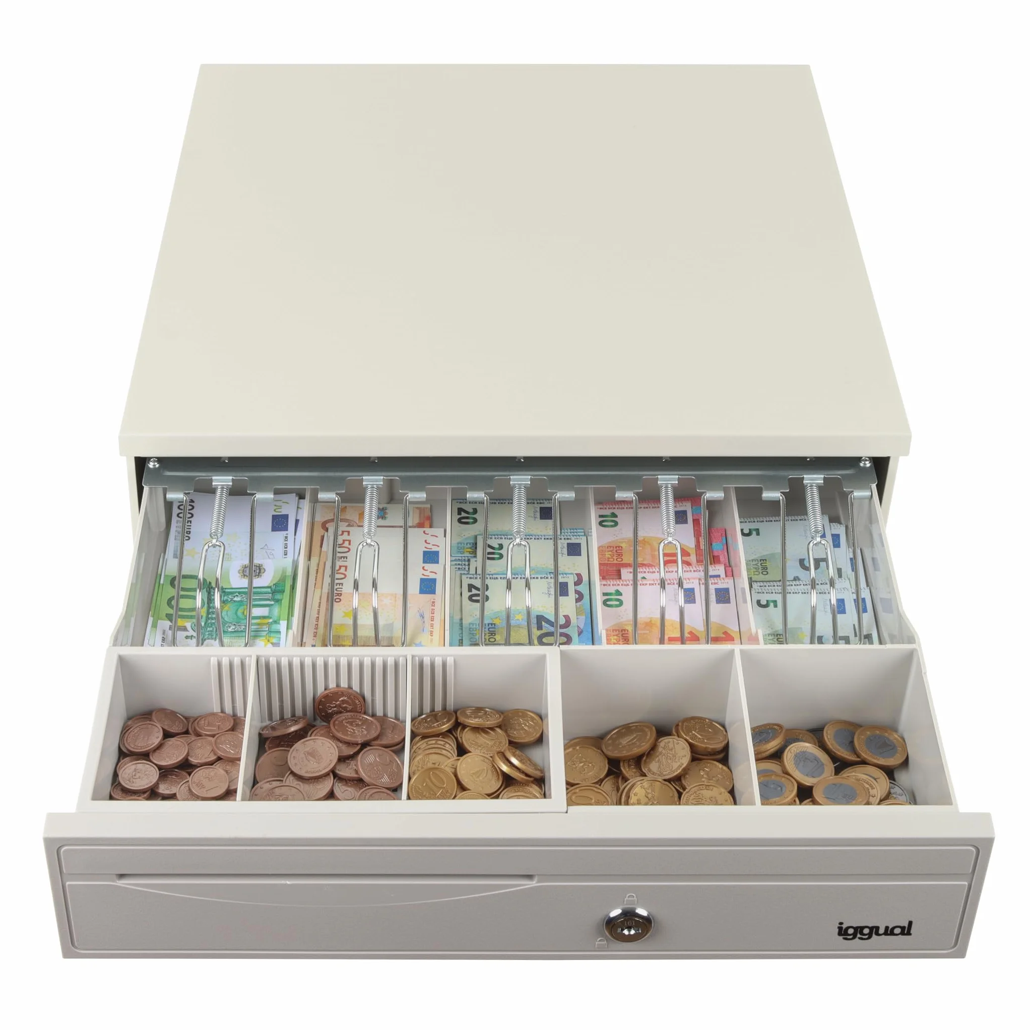 iggual – Cajón Portamonedas IRON-30W -Caja Efectivo, Registradora Manual o Automática para 5 Billetes y 5 Moneda - Cerradura 3 Posiciones- Acero+Plástico -Uso profesiona -Blanco Perla (42x40,5x10)