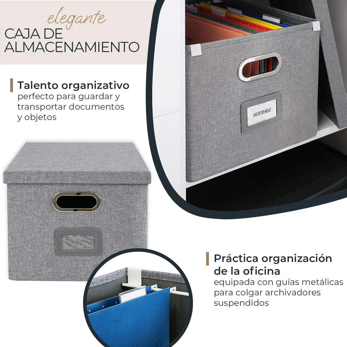 HMF Caja de almacenamiento con tapa para carpetas colgantes DIN A4 | Apto para Kallax | 33 x 37,5 x 28 cm | Gris