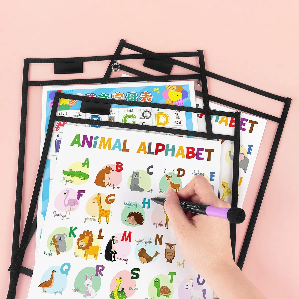 Paquete de 8 fundas de bolsillo de borrado en seco con anillos, soportes para boletos de 10 x 14 pulgadas, fundas de plástico transparente para profesores, suministros de aula (negro)