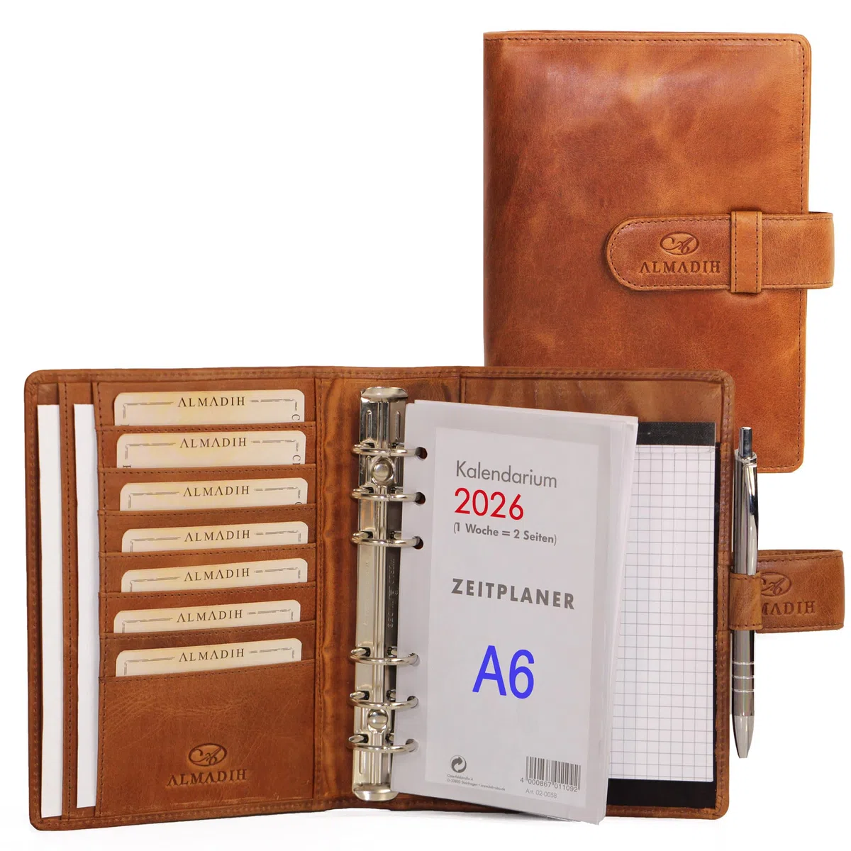 ALMADIH Carpeta de cuero A6 Calendario 2025 + Bloc de notas agenda Personal Organizador Diario documentos Cartera de conferencias Maletin Carpeta de anillas portadocumentos Cuaderno Marrón Deluxe