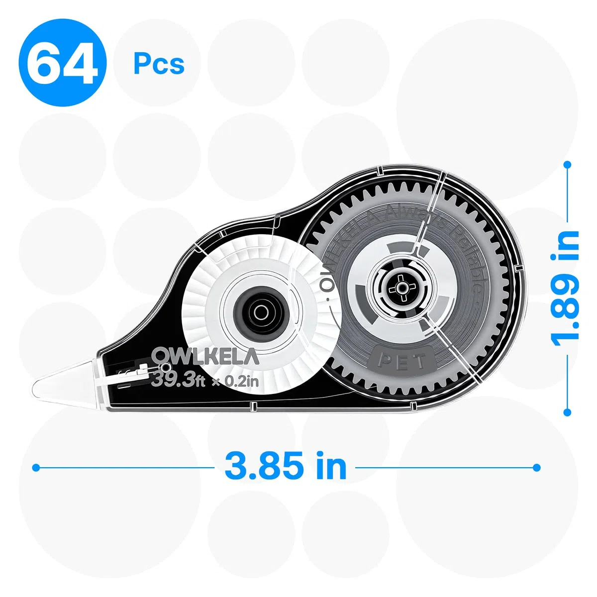 OWLKELA 64 cintas correctoras, 39.3 pies, carcasa negra y núcleo blanco | Sin tiempo de secado, resistente al desgarro, 0.2 pulgadas de ancho, ideal para la oficina y la escuela