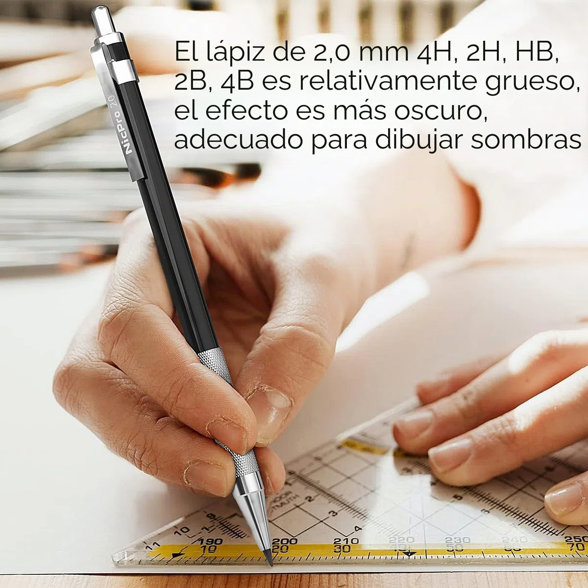 Nicpro 5 Piezas Metálica Portaminas 2mm - Cuero Estuche, Recargas color & negro (HB 2H 4H 2B 4B), Borrador, Sacapuntas para Artistas Proyectos de dibujo, Arte Escritura, Manualidades, Carpintero.