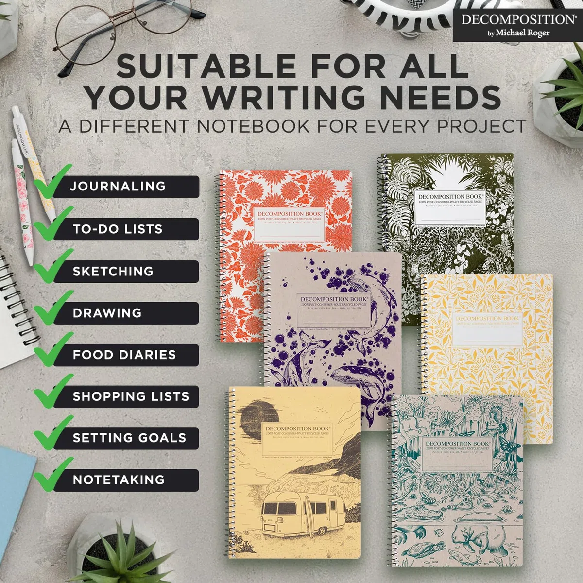 Decomposition Whimsical Garden Pack de 3 cuadernos de espiral con rayas universitarias – Diario de 24,8 x 19,1 cm, 160 páginas rayadas – Papel 100% reciclado – Cuadernos para material escolar, hogar y
