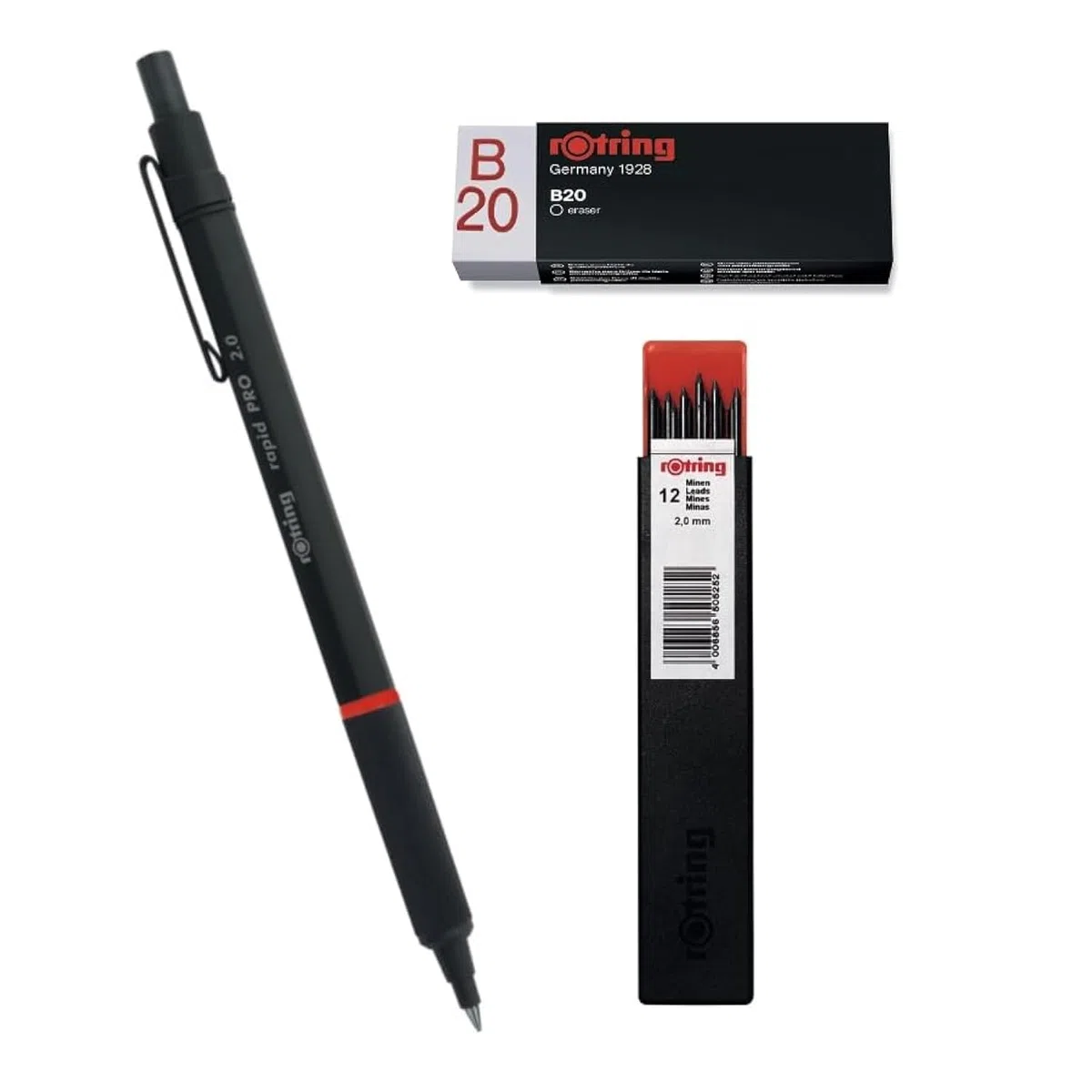rOtring Rapid Pro - Rotulador mecánico HB 2,0 mm plomo, negro mate, barril de metal completo, 12 recargas Tikky | Borrador B20