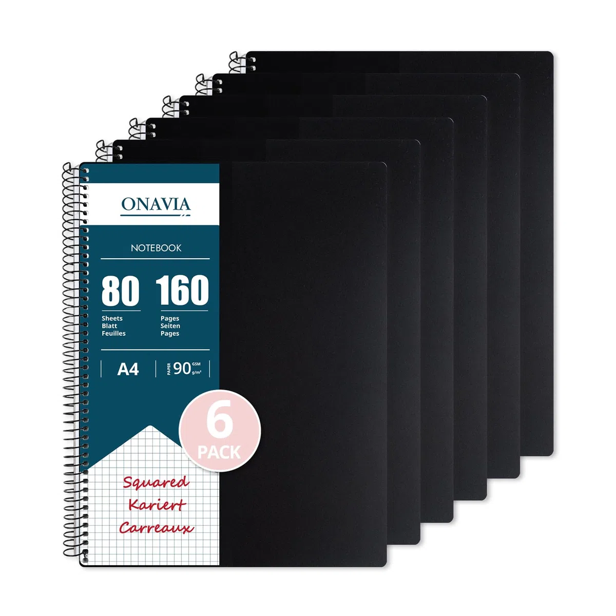 ONAVIA Pack 6 Cuadernos de Cuadrícula A4, 80 Hojas Papel 90g/m², Negro | Cuadrícula 5 mm con Espiral, 4 Perforaciones, Libreta para Matemáticas, Ingeniería, Repasos y Planificación Diaria