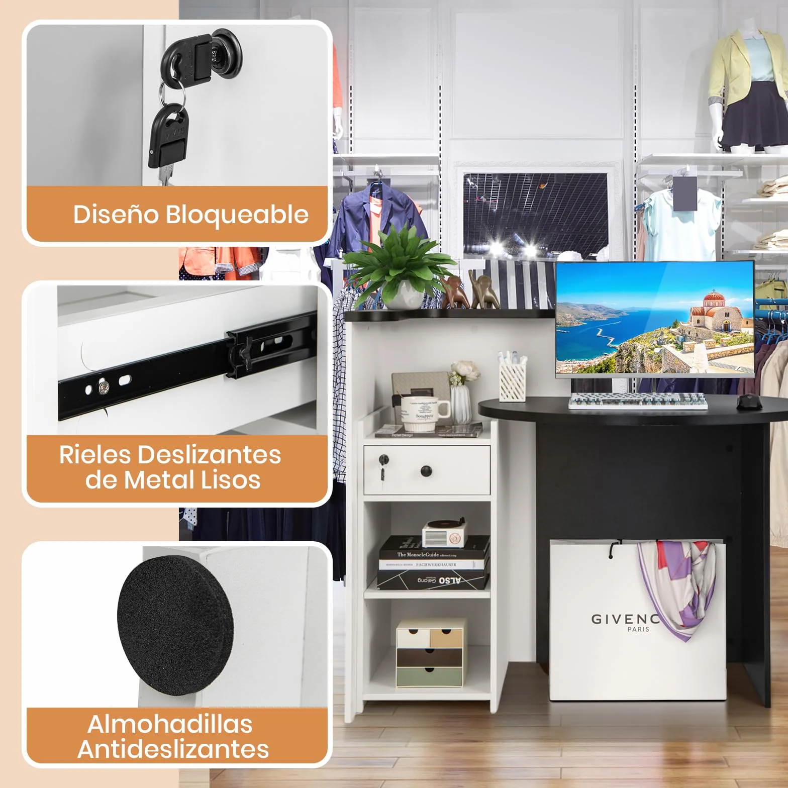 COSTWAY Escritorio de Recepción Ovalado con Cajón con Cerradura, Estante Ajustable, 120 x 70 x 100 cm, Negro