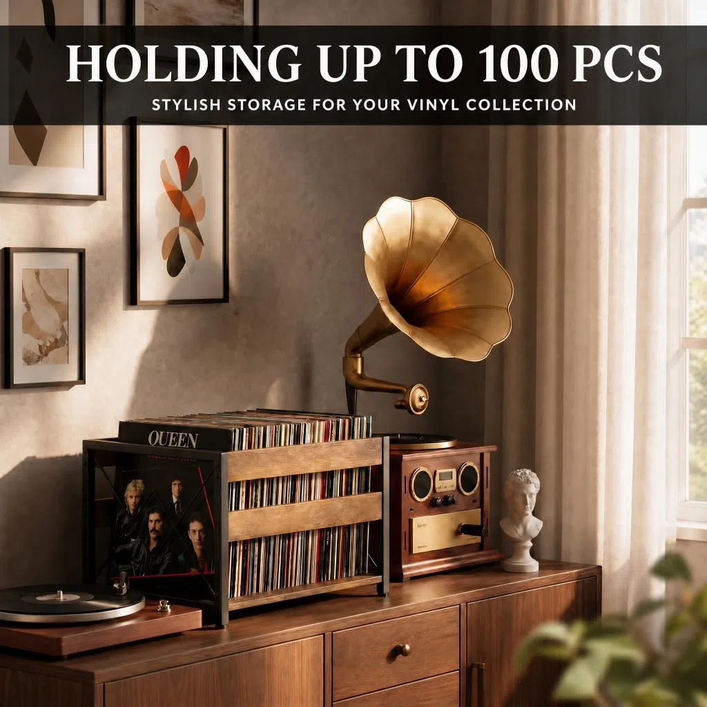 HFHOME Caja de almacenamiento de discos de vinilo, caja de almacenamiento de madera, organizador de estantes de CD de cubo clásico, capacidad para hasta 100 registros, revistero para escritorio, hogar