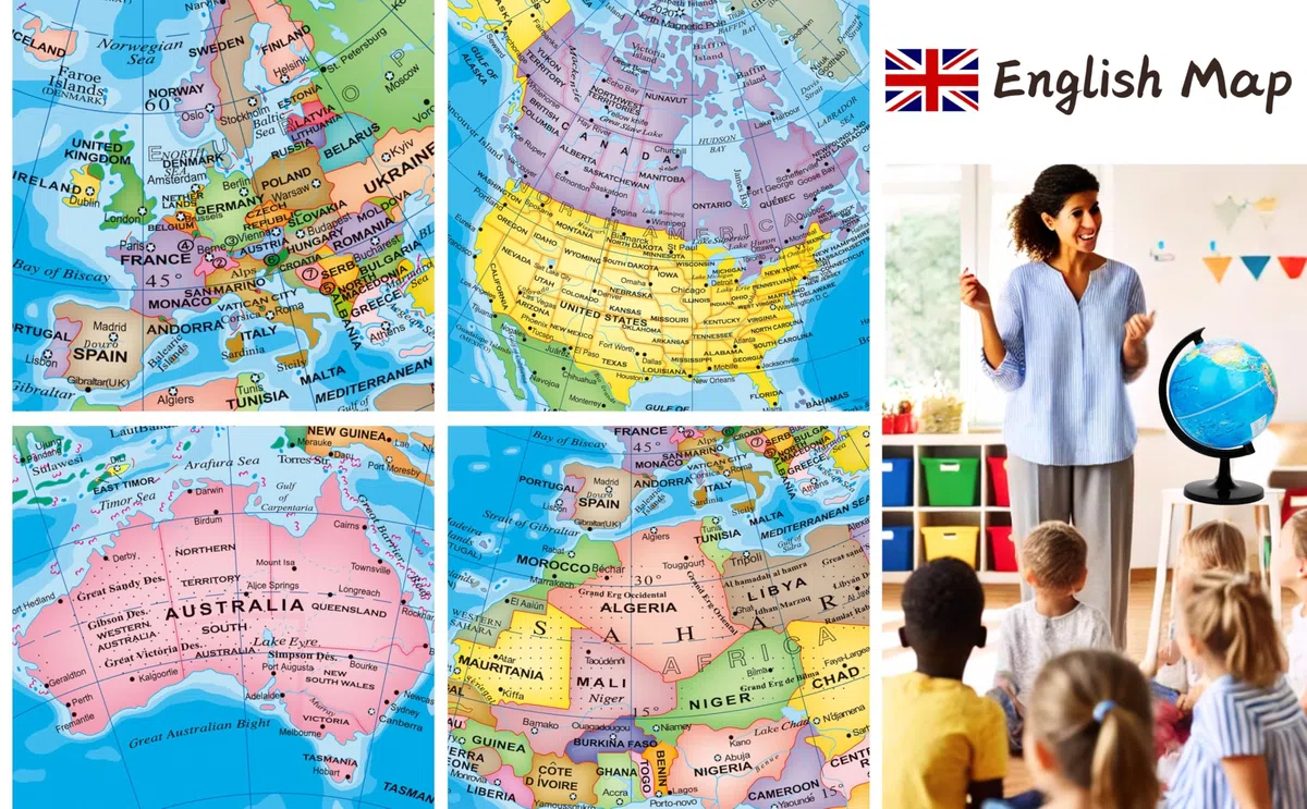 Exerz 20cm Globo Terráqueo - Mapa en Inglés - Educativo Globo Girable Decoración de Escritorio - Mapa Político Geográfica/Moderna - Diámetro 20cm
