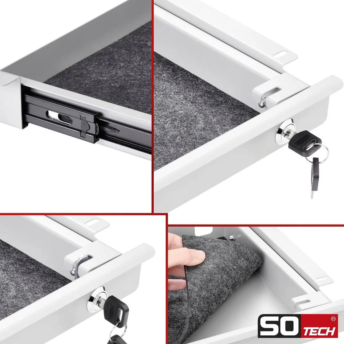 SOTECH Cajón bajo escritorio blanco con cerradura (500 x 265 x 45 mm) Cajón de escritorio con guías interiores separables