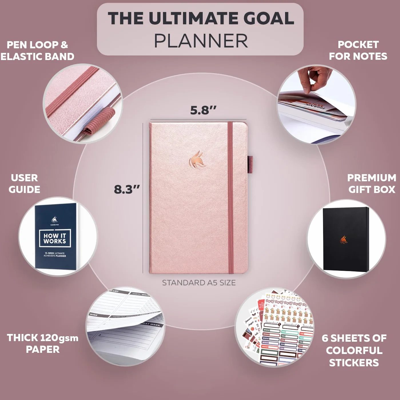 Clever Fox Ultimate Achiever's Goal Planner - Agenda de 90 días de enfoque y productividad. Organizador diario semanal mensual y cuaderno de horario por hora, sin fecha, tapa dura, tamaño A5, oro rosa