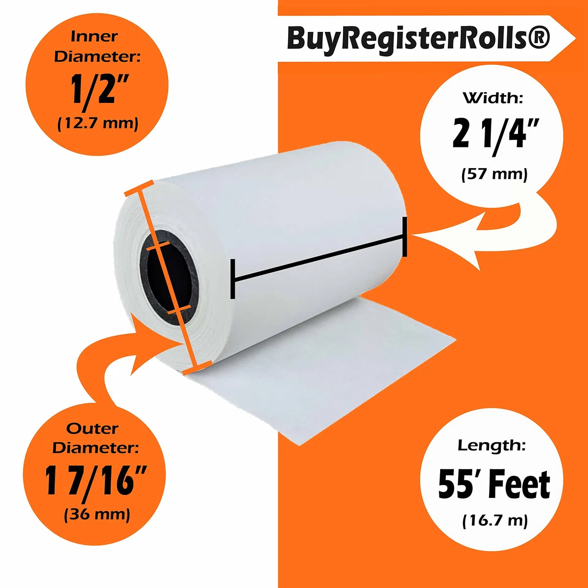 Rollo de papel de recibo para máquina de tarjetas de crédito Terminal Cuadrado 2 1/4 x 55 (10 rollos) BuyRegisterRolls