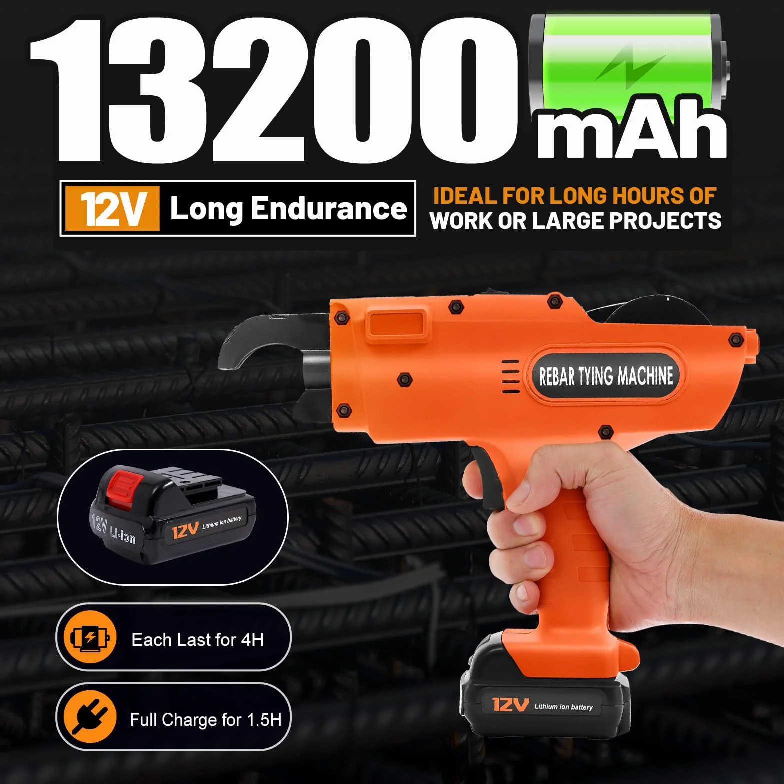 Rebar Tying - Encuadernadora eléctrica de 12 V, con caja de almacenamiento, 2 baterías de iones de litio, longitud de alambre de 300 – 500 mm (naranja)