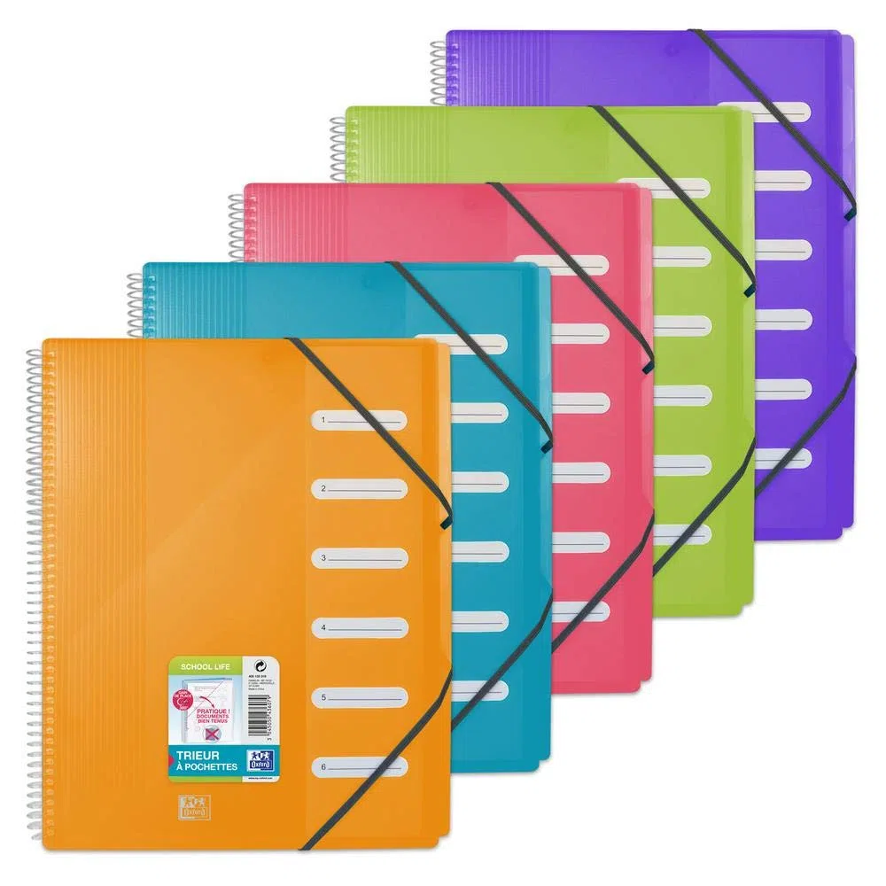 Oxford - Lote de 5 clasificadores Keep'In en espiral con 6 compartimentos con fundas A4, color aleatorio