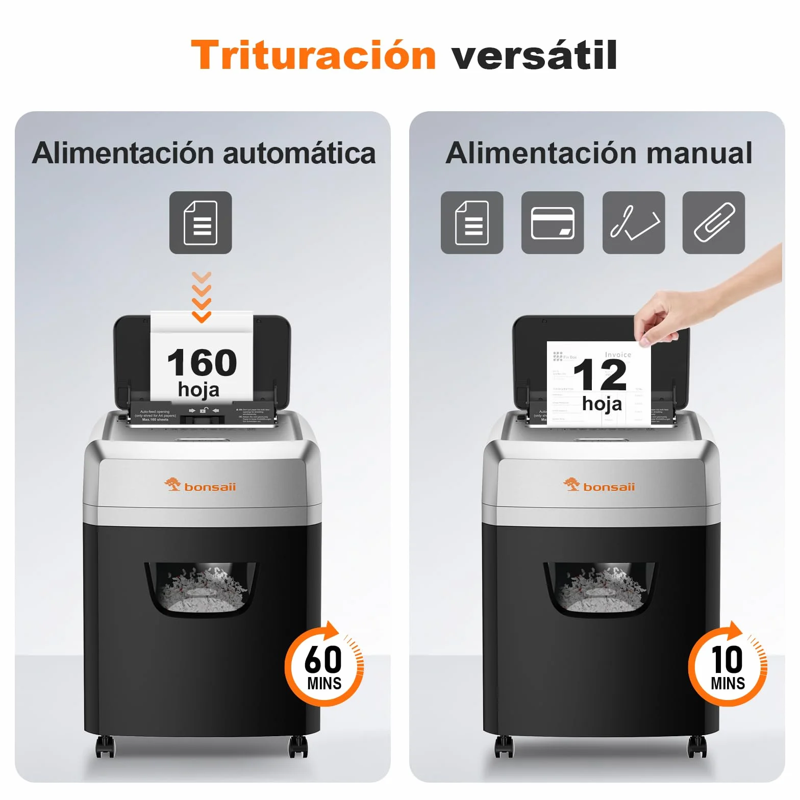 Bonsaii Trituradora de Documentos con alimentación automática para 160 Hojas, Corte en Cruz P-4, 60 Minutos de Funcionamiento Continuo, Caja de Recogida de 23 litros, para Uso en Oficina C290-A