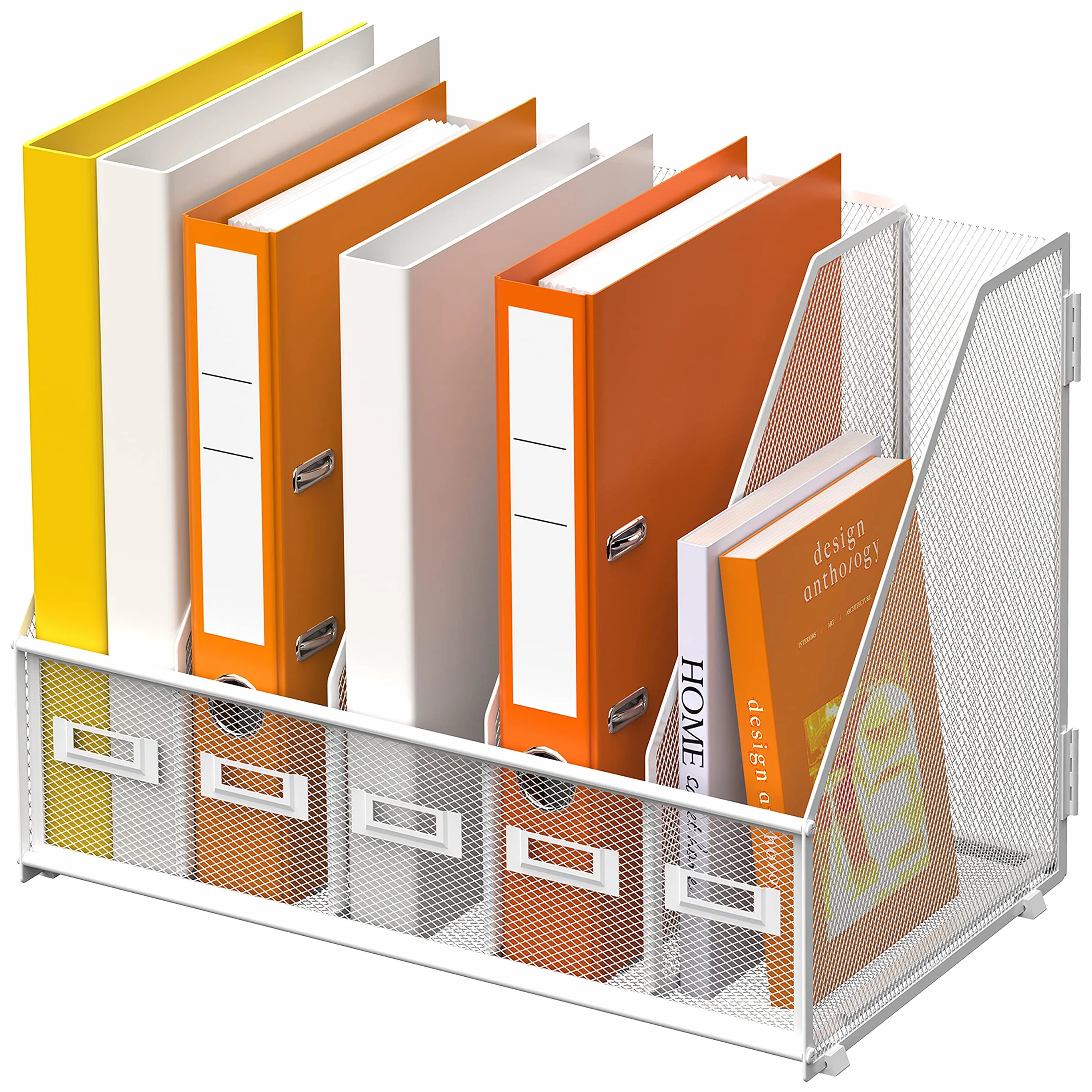 DALTACK Organizador de escritorio con 5 compartimentos verticales, organizador de archivos para oficina, hogar, escuela, malla metálica, color blanco