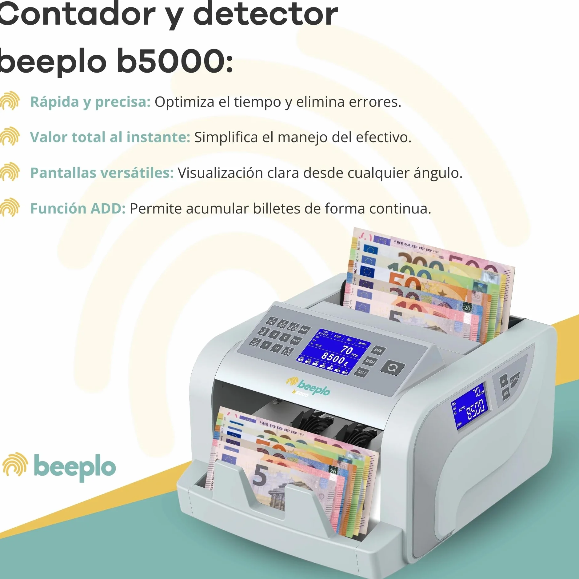 b5000 | Contadora Totalizadora de Billetes EUR | 5 Sistemas de Detección Automática | Precisión Total | Garantía 4 Años