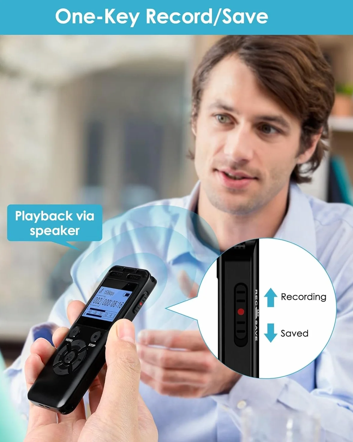 Grabadora de Voz Digital 64GB con Reducción de Ruido, Estéreo HD 1536Kbps, Metálica, Activación por Voz
