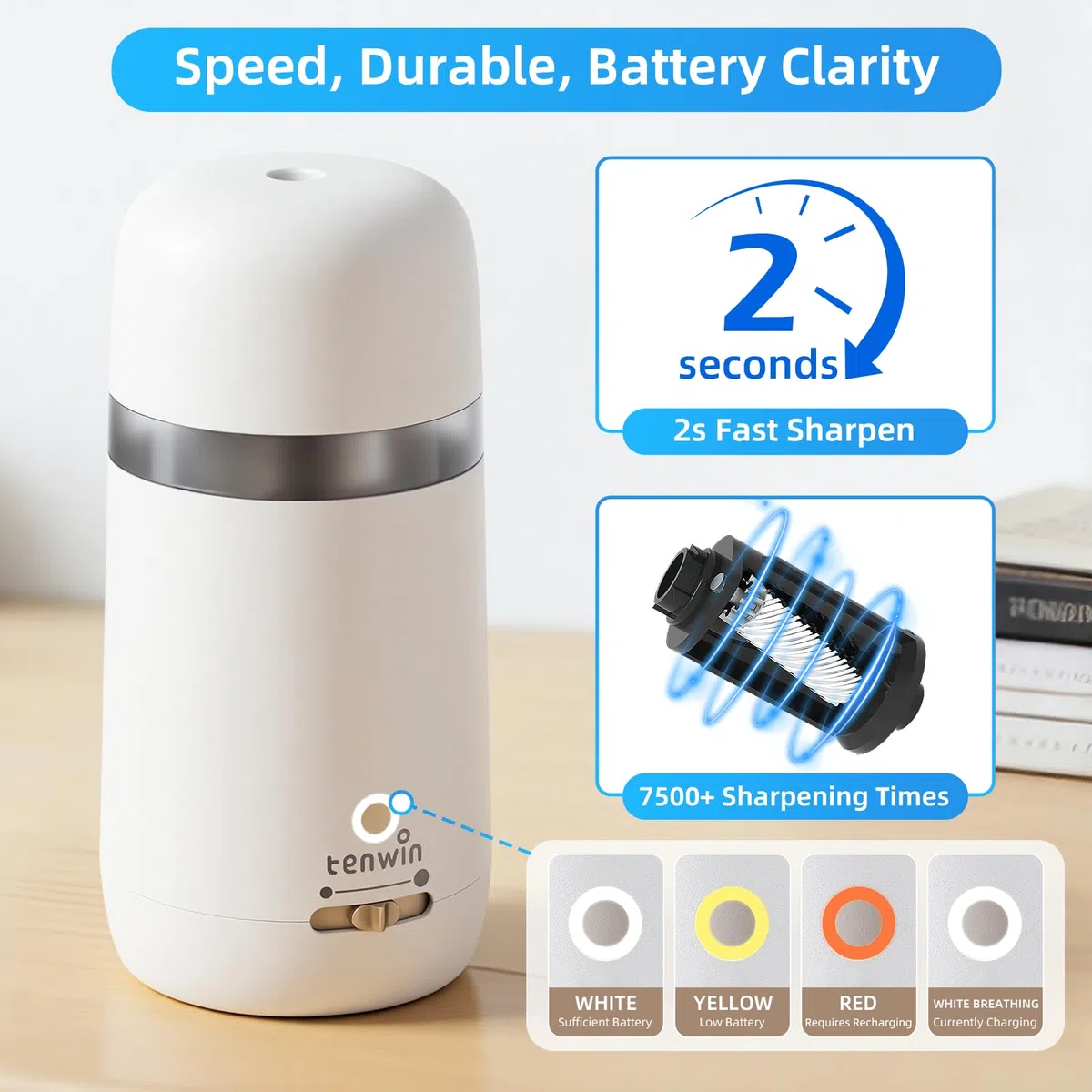 tenwin Sacapuntas eléctrico totalmente automático, recargable y portátil, afilado rápido de lápices y lápices de colores de 7 a 12 mm, ideal para el hogar, la oficina y la escuela (blanco)