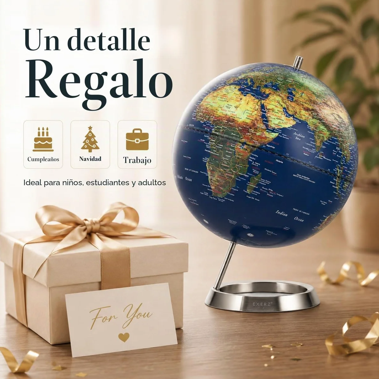 Exerz 25cm Globo Terráqueo - en Inglés - Decoración de escritorio educativa/geográfica/moderna - Con una base de metal (25cm Azúl Marino)