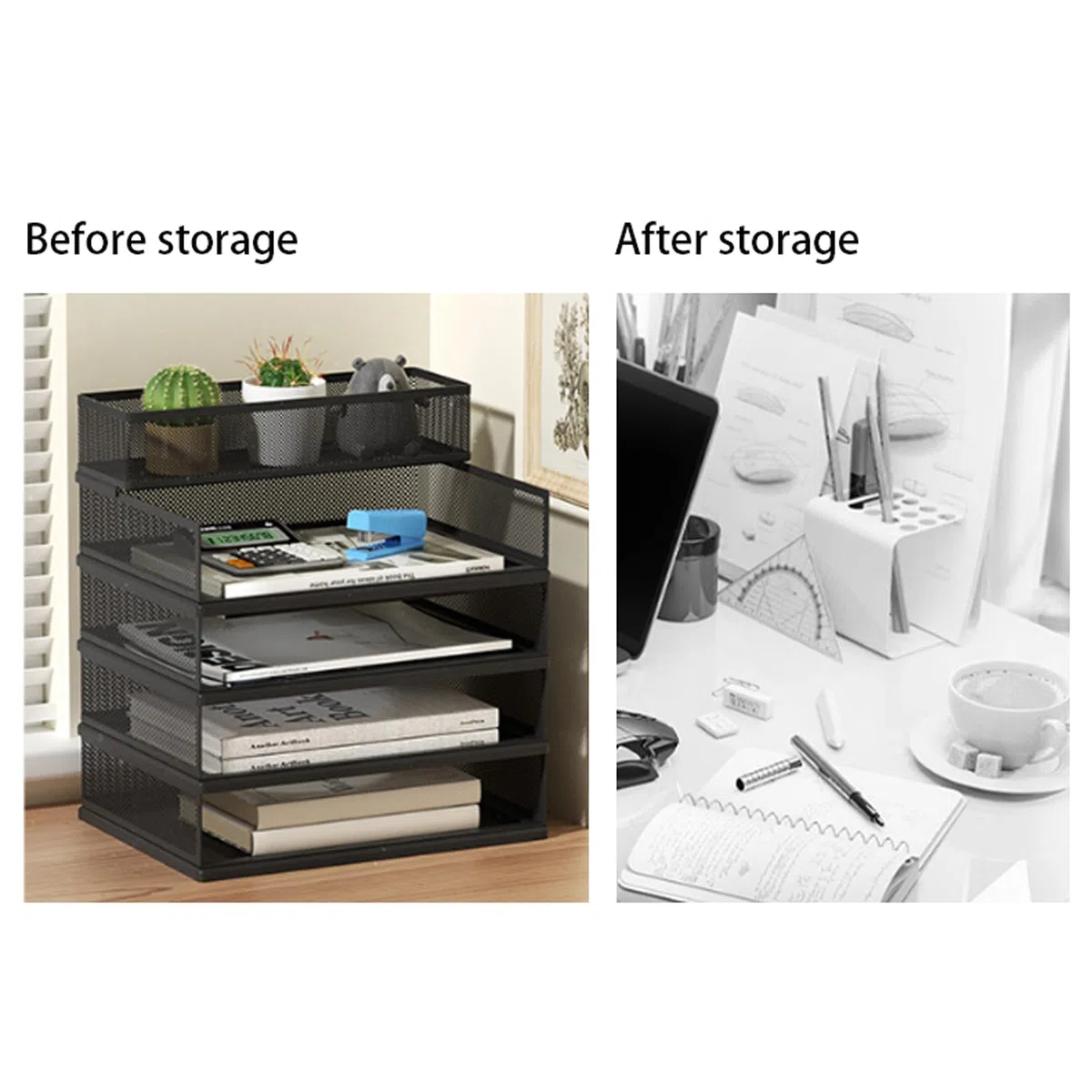 Organizador de escritorio de malla con bandeja de papel y múltiples compartimentos, soporte de suministros de almacenamiento de oficina y hogar para archivos de escritorio y cartas