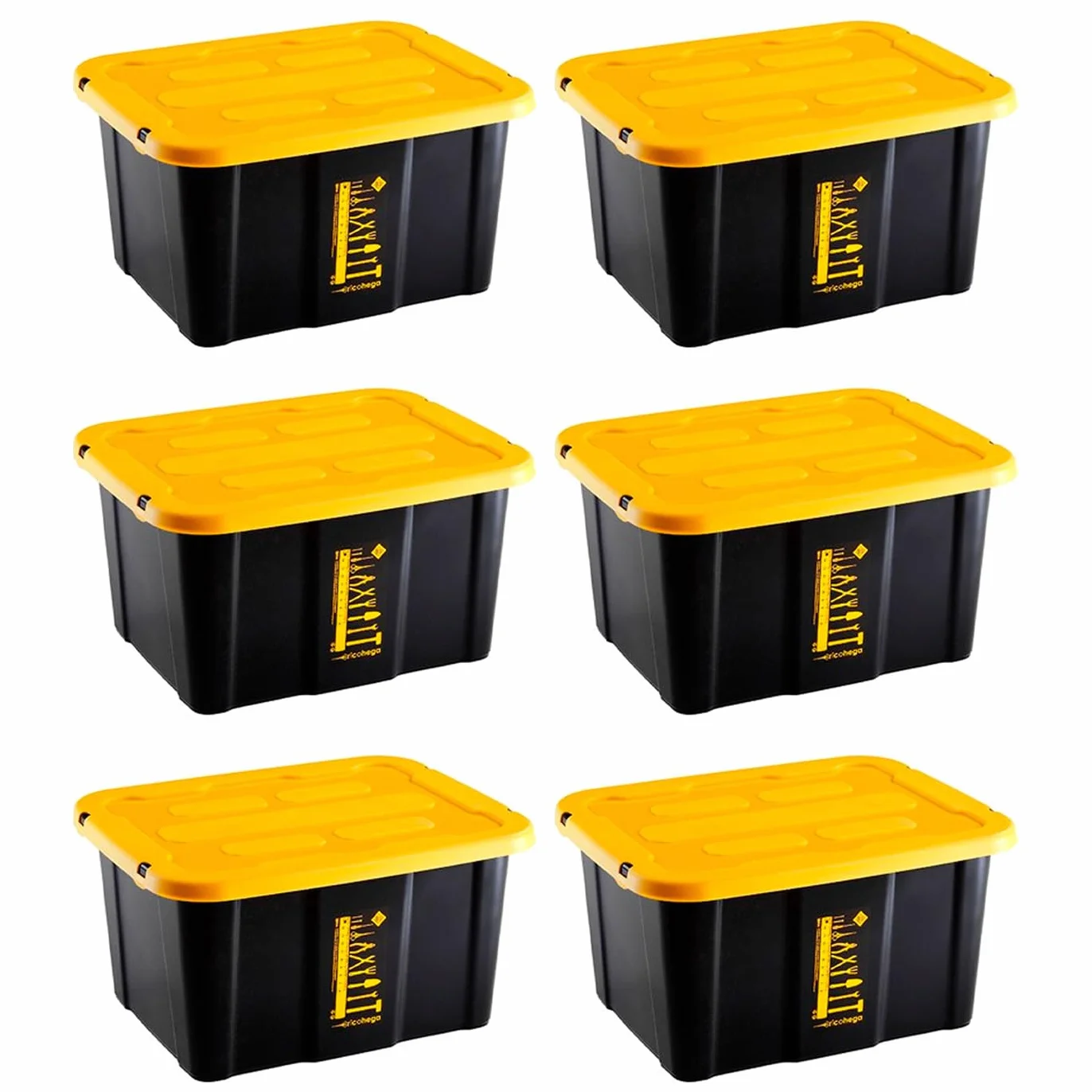 Acan Tradineur - Pack de 6 Cajas de almacenaje apilable con tapa, plástico, cajón multiusos, ordenación, herramientas, hogar, fabricada en España (17 litros - Amarillo/Negro - 39,5 x 31,5 x 22 cm)