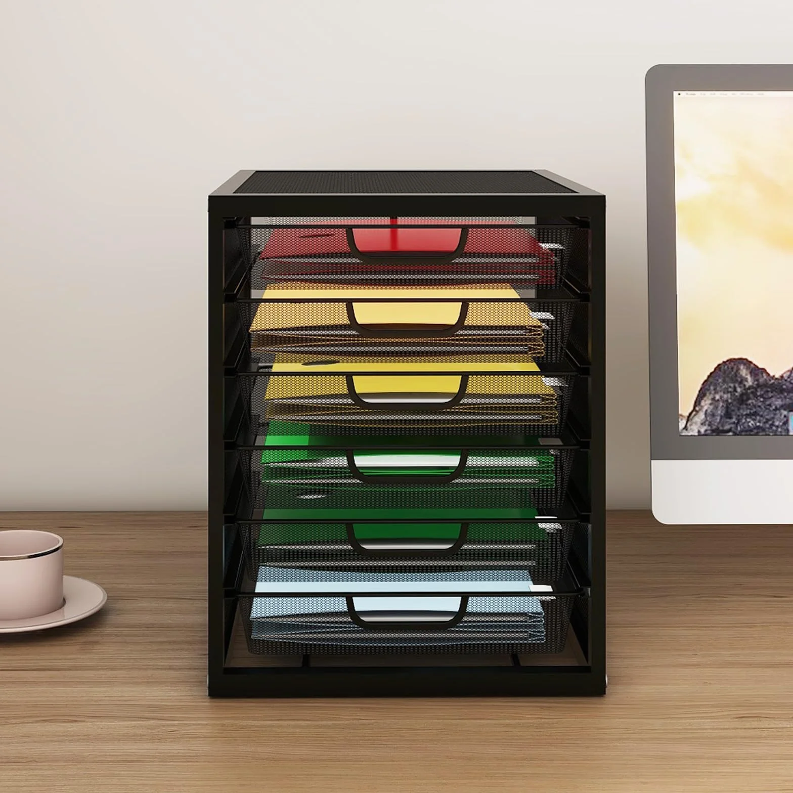 PUNCIA Organizador de archivos de malla con 6 cajones, organizador de documentos de escritorio, suministros de oficina y accesorios, almacenamiento de papelería, carpeta de papel A4, bandeja de