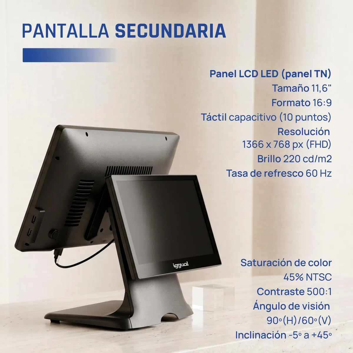 iggual TPV Dual Táctil 15,6”/11,6" Sistema Caja Registradora Completo con Doble Pantalla Windows 11 Pro WiFi 5 Ethernet Bluetooth 5.1 Procesador Intel N100 3,4 GHz Apto Verifactu