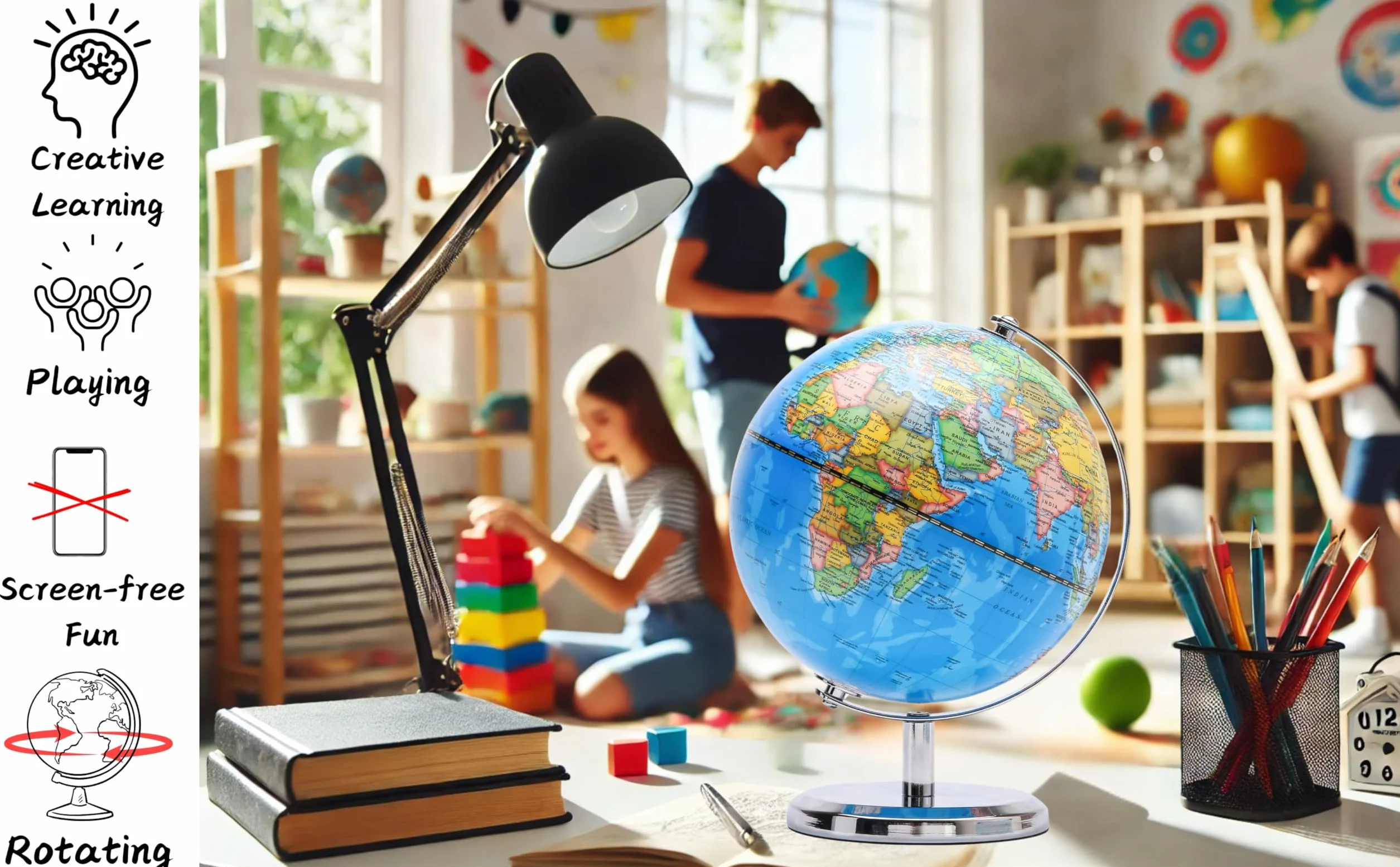 Exerz Globo Terráqueo 20cm - Mapa Político en Inglés - Decoración Educativa y Moderna para Escritorio - Base de Metal (Azul)