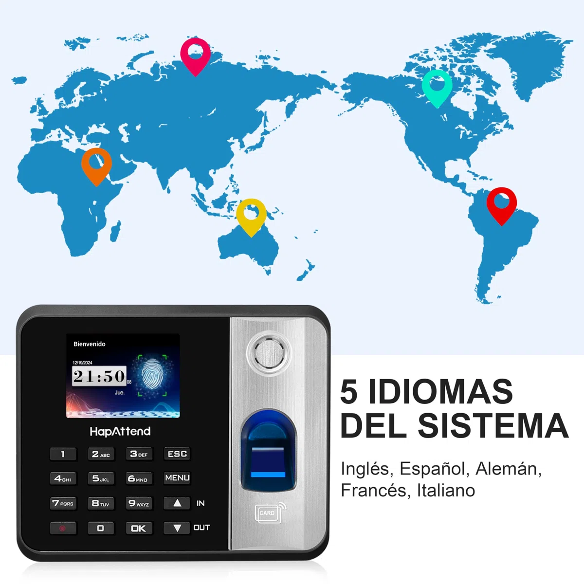 Control horario empleados, Español Reloj de fichar con Huella Dactilar, RFID Tarjetas, H1 Maquina de fichar empleados de hasta 3000 usuarios sin conexión Internet Negro Escáner